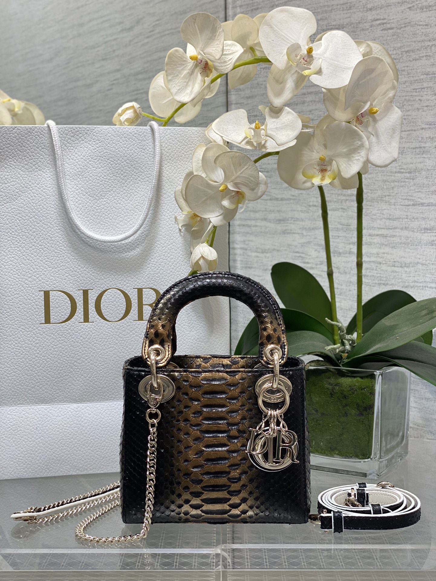 𝐋𝐚𝐝𝐲 tres rejillas piel de serpiente mediana dorada