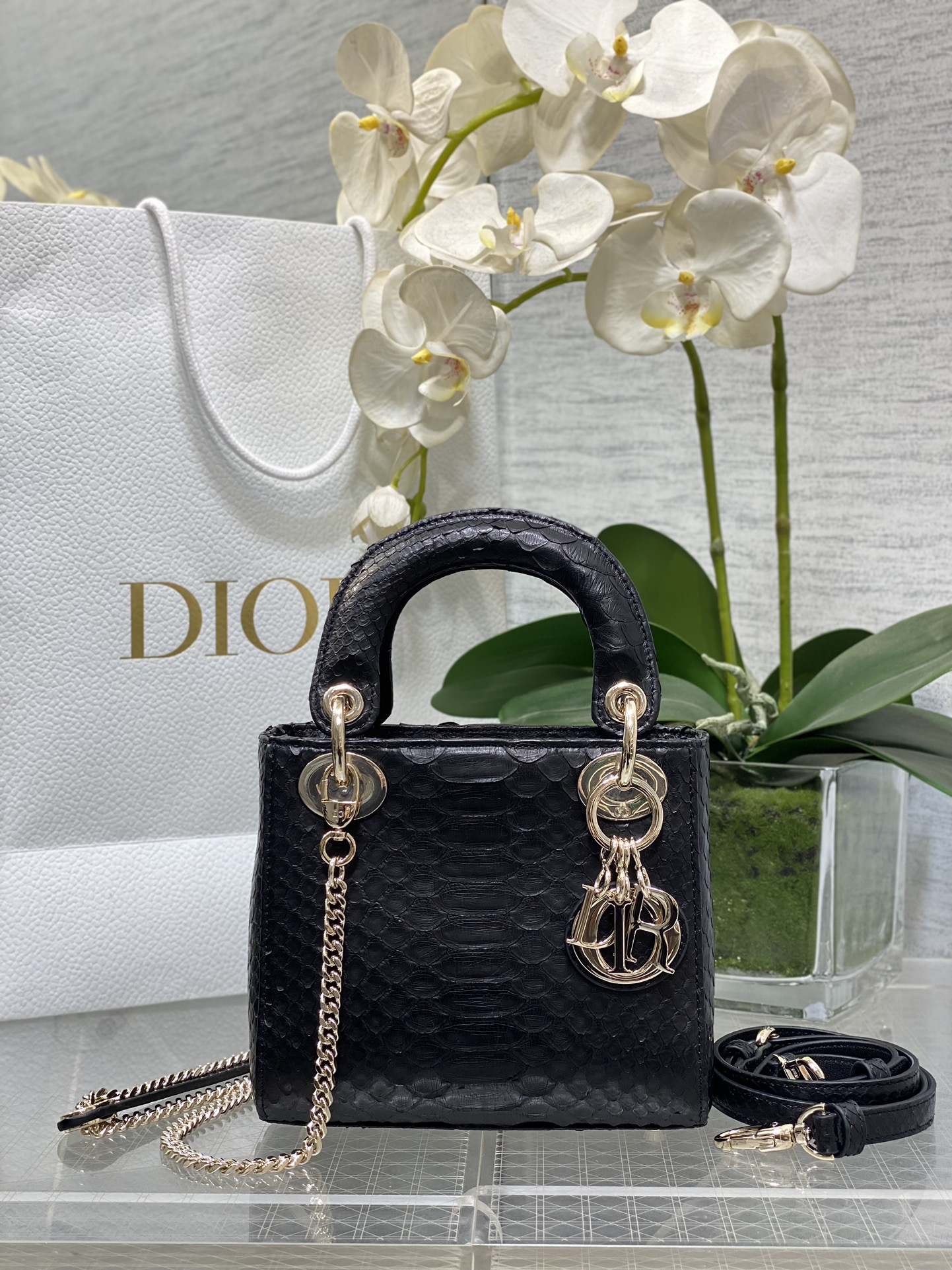 Dior Lady three grid black snakeskin