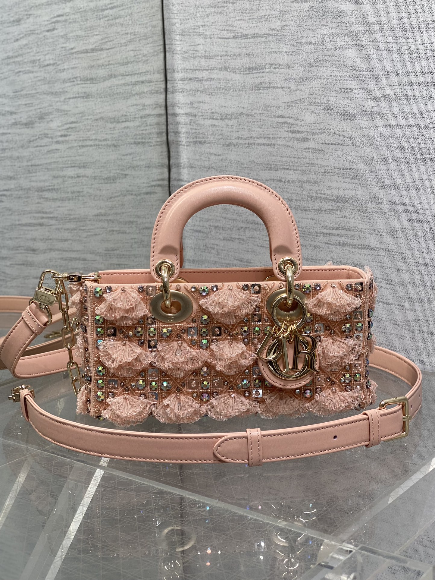 Dior Lady Horizontal Beaded Embroidered Top Handle Crossbody Bag
