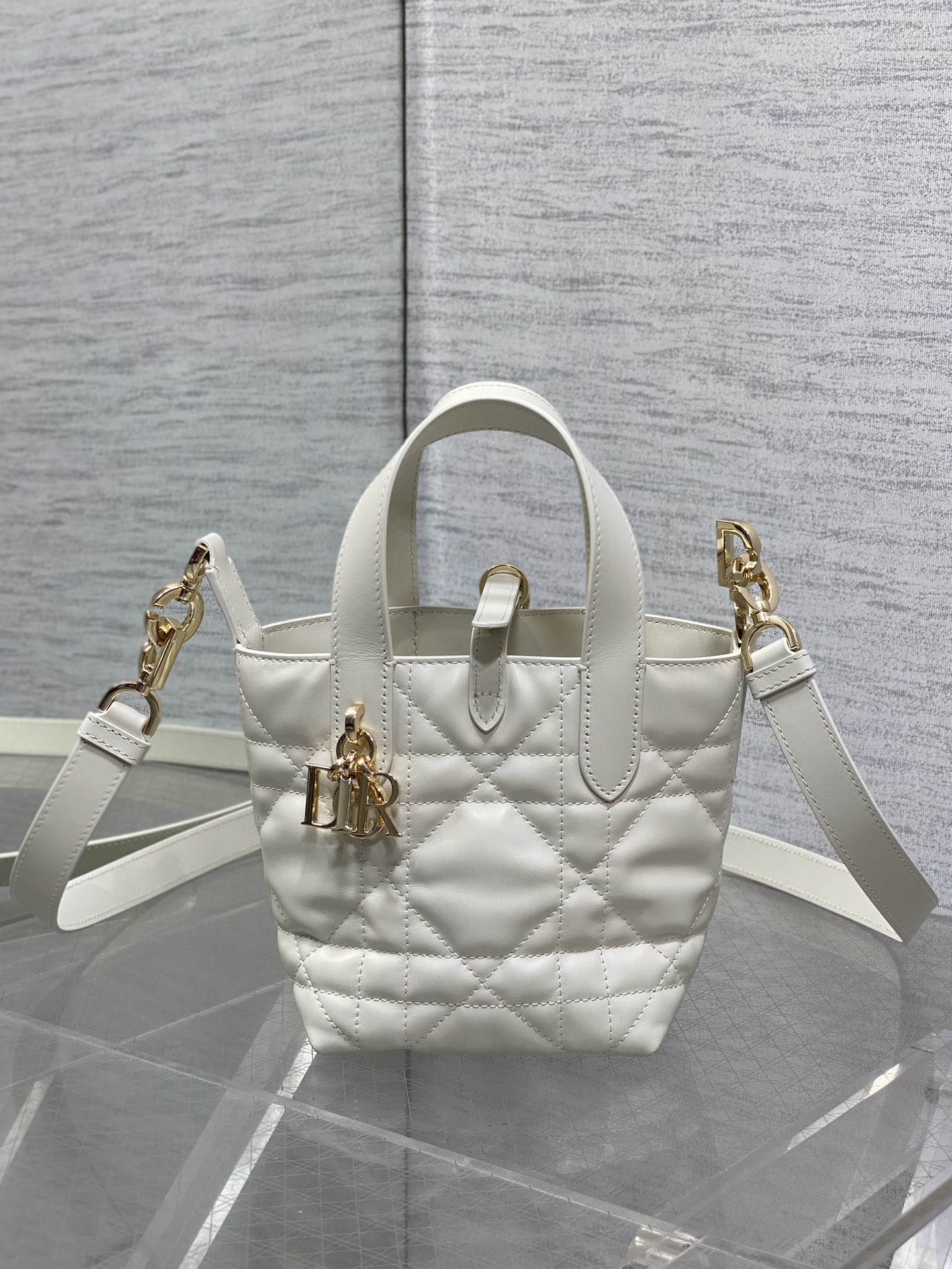 Dior Toujours Mini White Leather Vertical Basket Bag with Shoulder Strap