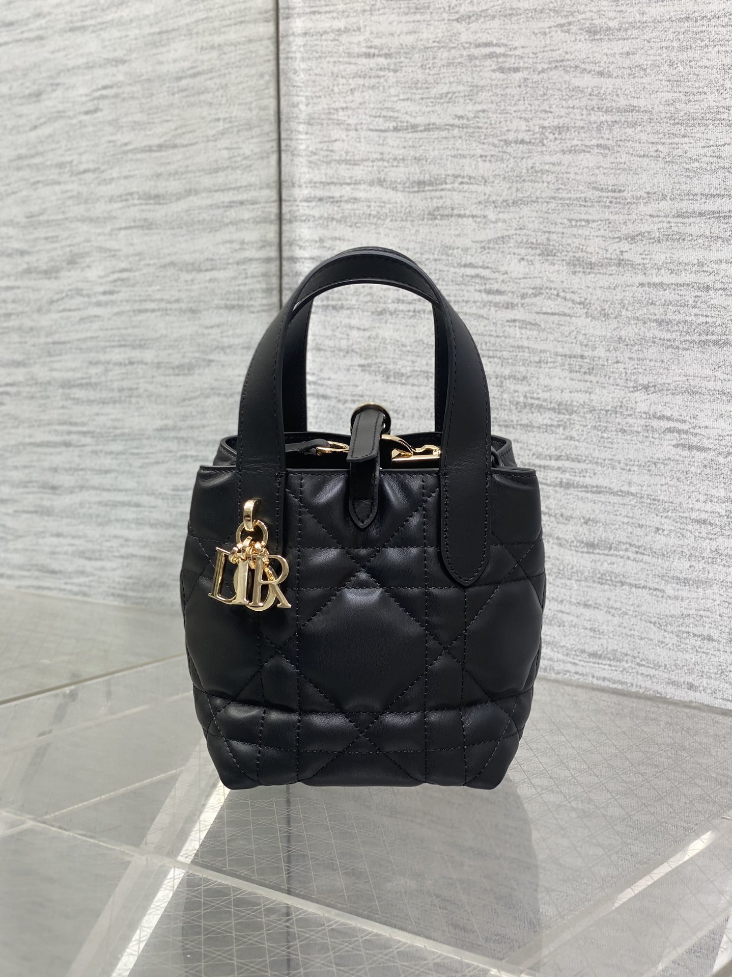 Dior Toujours Mini Black Leather Quilted Basket Bag with Shoulder Strap