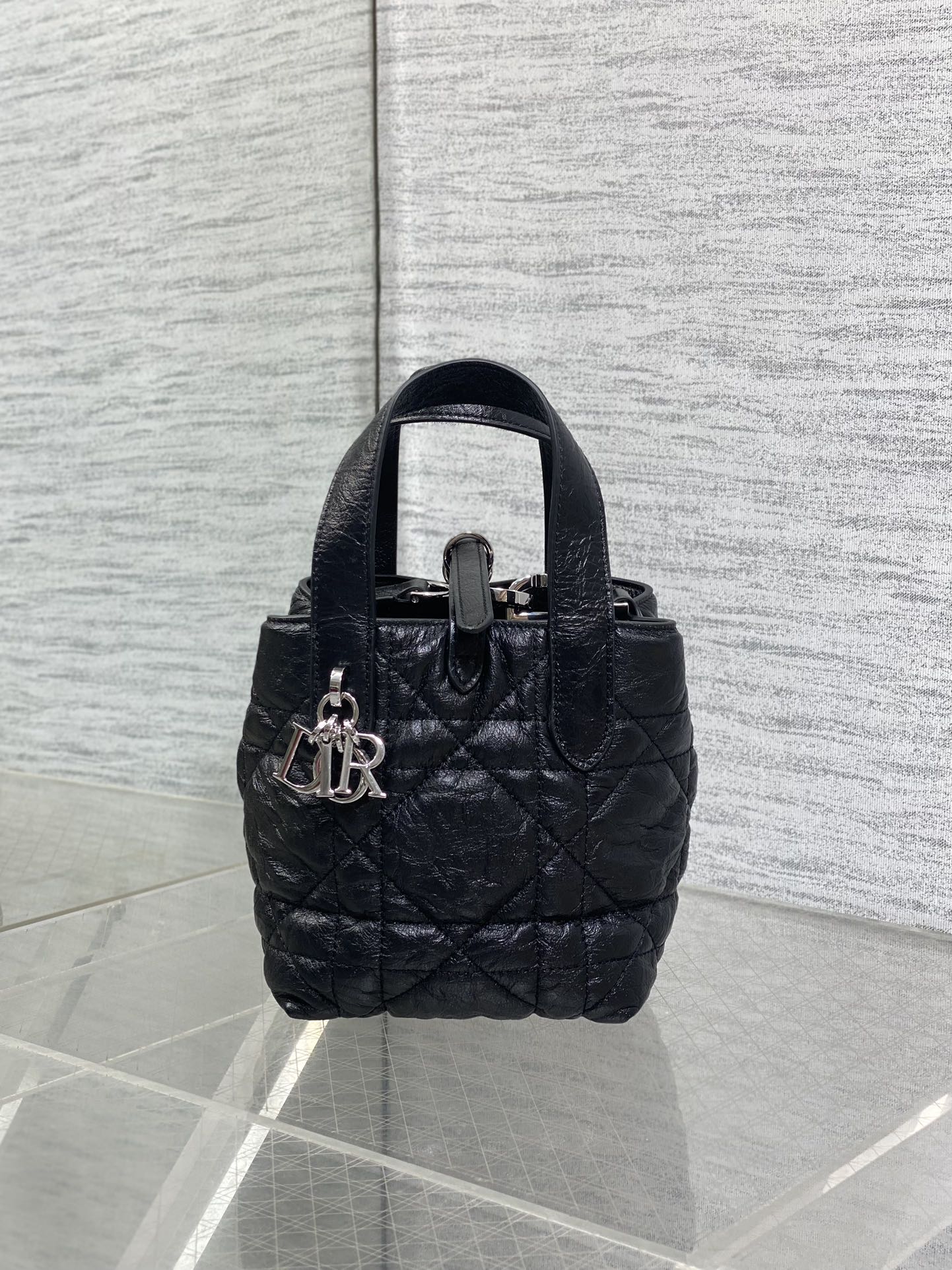 Dior Toujours Mini Black Leather Basket Bag with Diamond Quilting