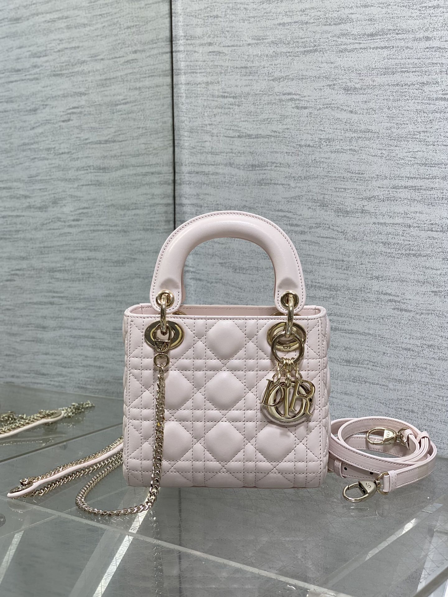 DIOR Lady Dior Mini Sakura Pink Top Handle Crossbody