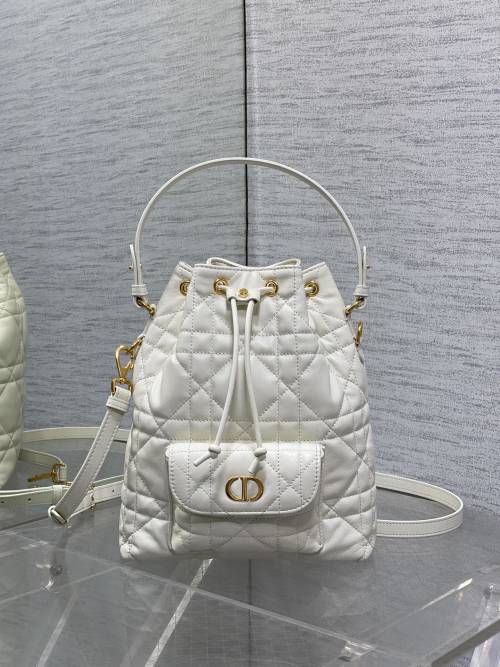 Dior Caro Bucket Bag White Lambskin with Cannage Stitching and CD Signature 1 Dior Caro Bucket Bag White Lambskin with Cannage Stitching and CD Signature