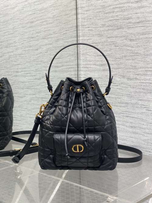 Dior Caro Bucket Bag, Lambskin, Cannage Stitching, Black, Detachable Strap 1 Dior Caro Bucket Bag, Lambskin, Cannage Stitching, Black, Detachable Strap