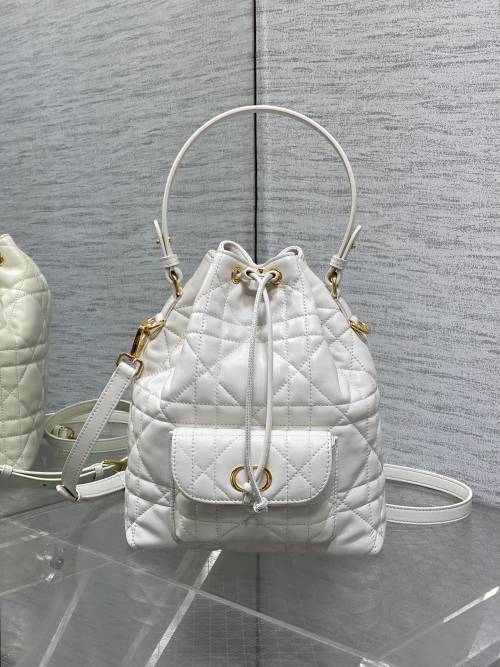 Dior Caro Bucket Bag White Lambskin with Cannage Stitching and Adjustable Strap 1 Dior Caro Bucket Bag White Lambskin with Cannage Stitching and Adjustable Strap