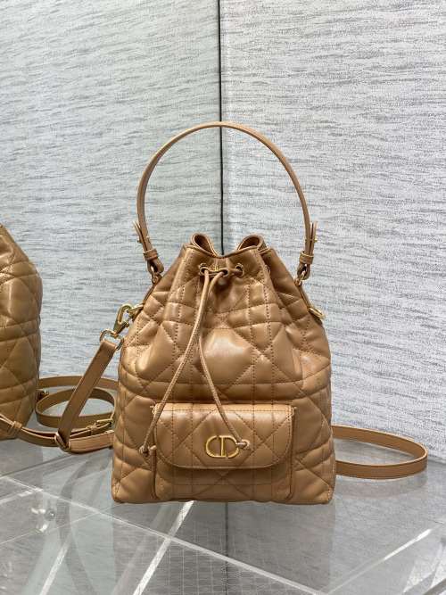 Dior Caro Bucket Bag Lambskin with Cannage Stitching, Tan, 20 x 24 x 9 cm 1 Dior Caro Bucket Bag Lambskin with Cannage Stitching, Tan, 20 x 24 x 9 cm