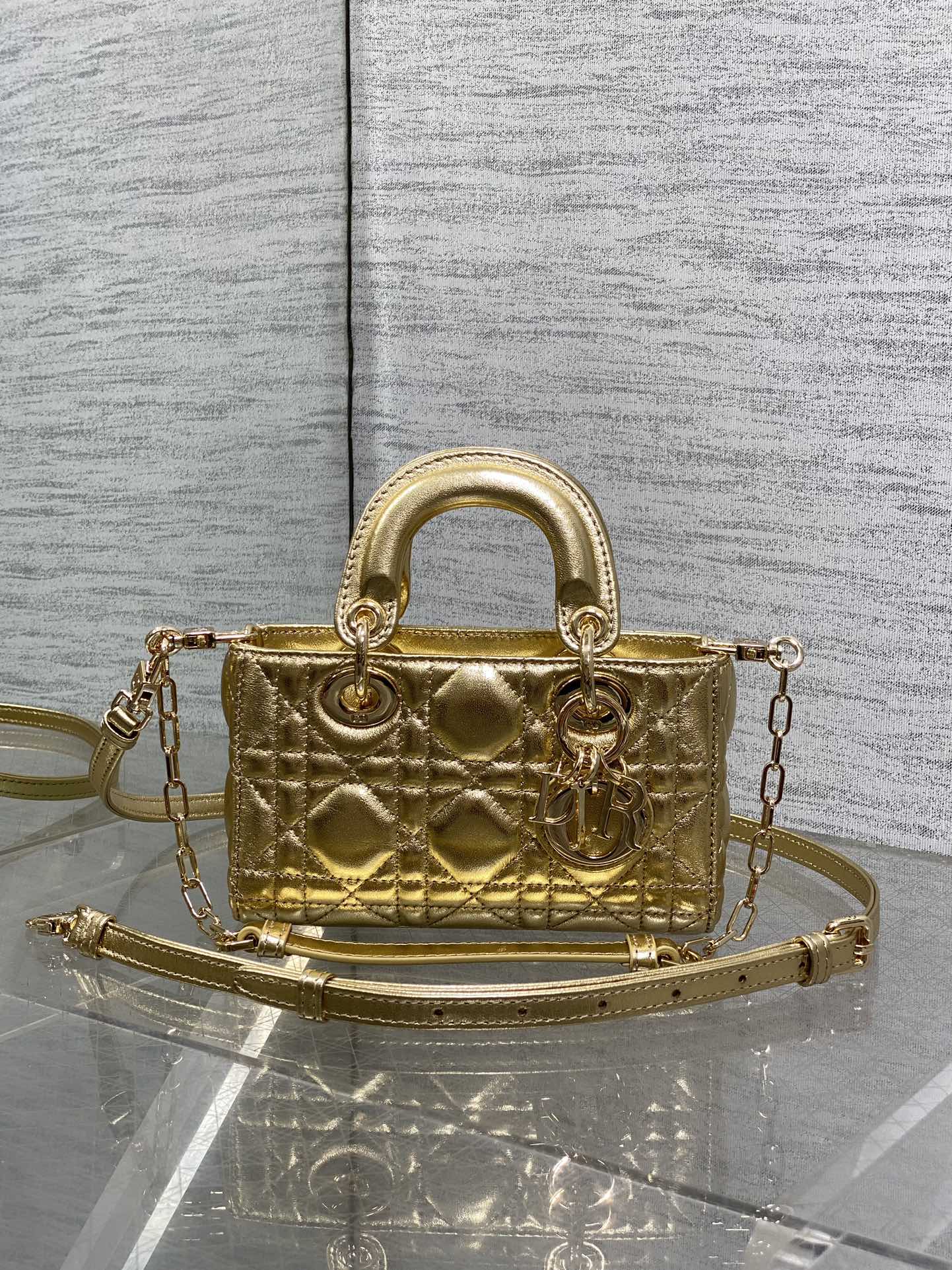 Dior D-Joy Bag 2023 Gold Lambskin Mini Handbag with Chain and Shoulder Strap