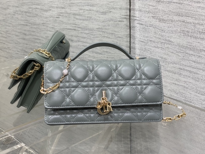 Elegant Dior Gray Lambskin Clutch with Pearl Chain and Cannage Stitching 1 Elegant Dior Gray Lambskin Clutch with Pearl Chain and Cannage Stitching