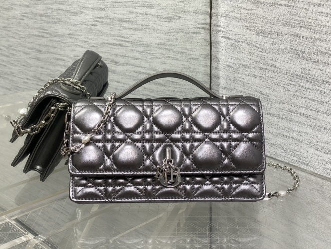 Dior Lambskin Clutch with Pearl Chain and Cannage Stitching - Black Gunmetal 1 Dior Lambskin Clutch with Pearl Chain and Cannage Stitching - Black Gunmetal