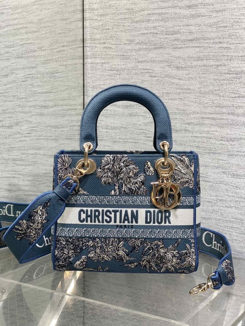 Christian Dior Lady D-Lite Bag Blue Embroidery Large Capacity Retro Style