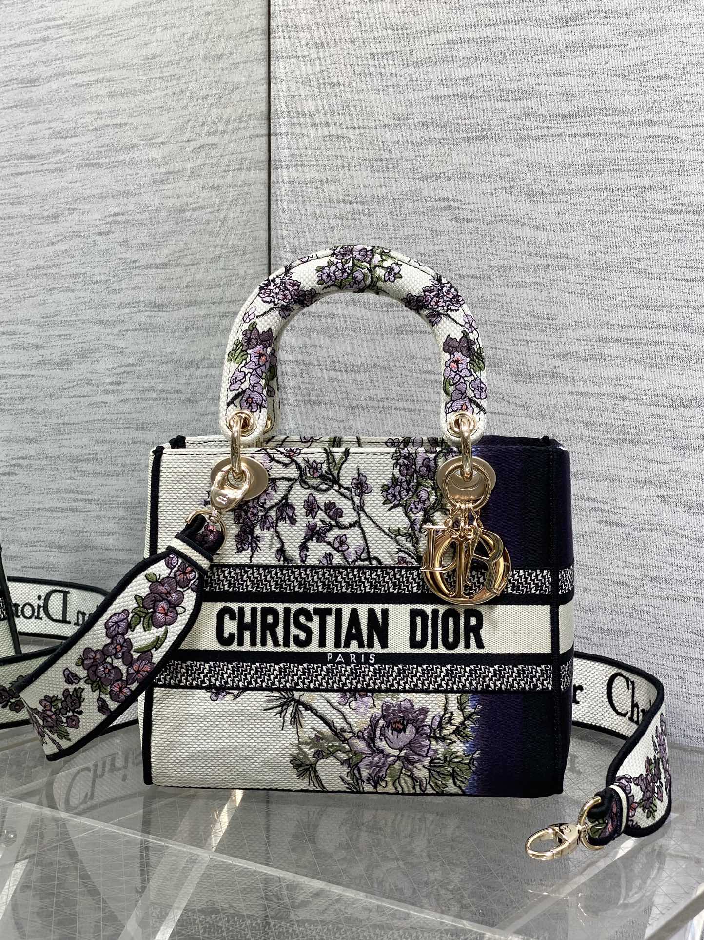 Christian Dior Lady D-Lite Bag with Floral Embroidery, Ivory Multicolor