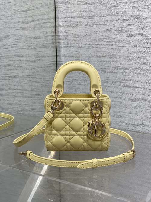 Lady Micro Bag Lambskin with Cannage Stitching, Pale Yellow, 12 x 10 x 5 cm 1 Lady Micro Bag Lambskin with Cannage Stitching, Pale Yellow, 12 x 10 x 5 cm