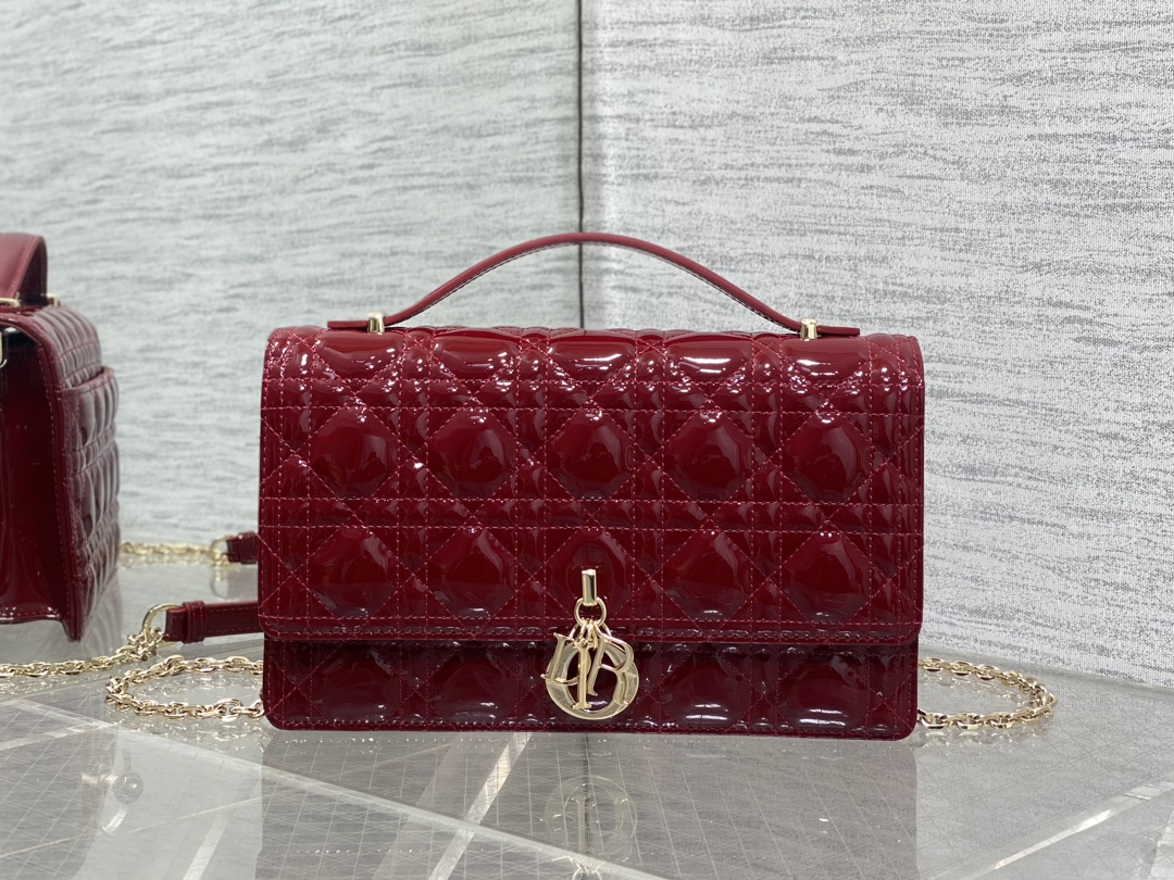 Dior Medium Cherry Red Patent Leather Pearl Chain Handle Bag