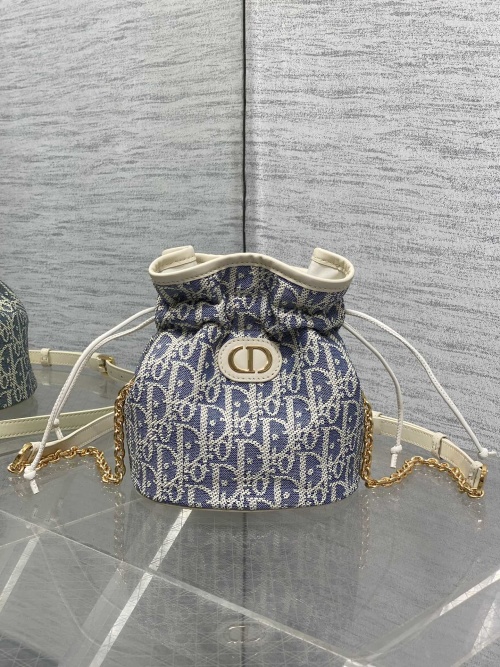Dior Miss Caro Blue Oblique Drawstring Bucket Bag with Chain Strap 1 Dior Miss Caro Blue Oblique Drawstring Bucket Bag with Chain Strap