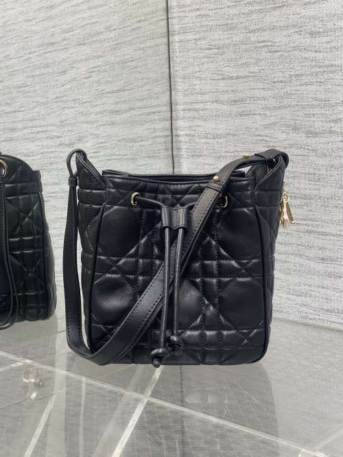 Dior Caro Motion Small Bucket Bag - Black Lambskin Leather