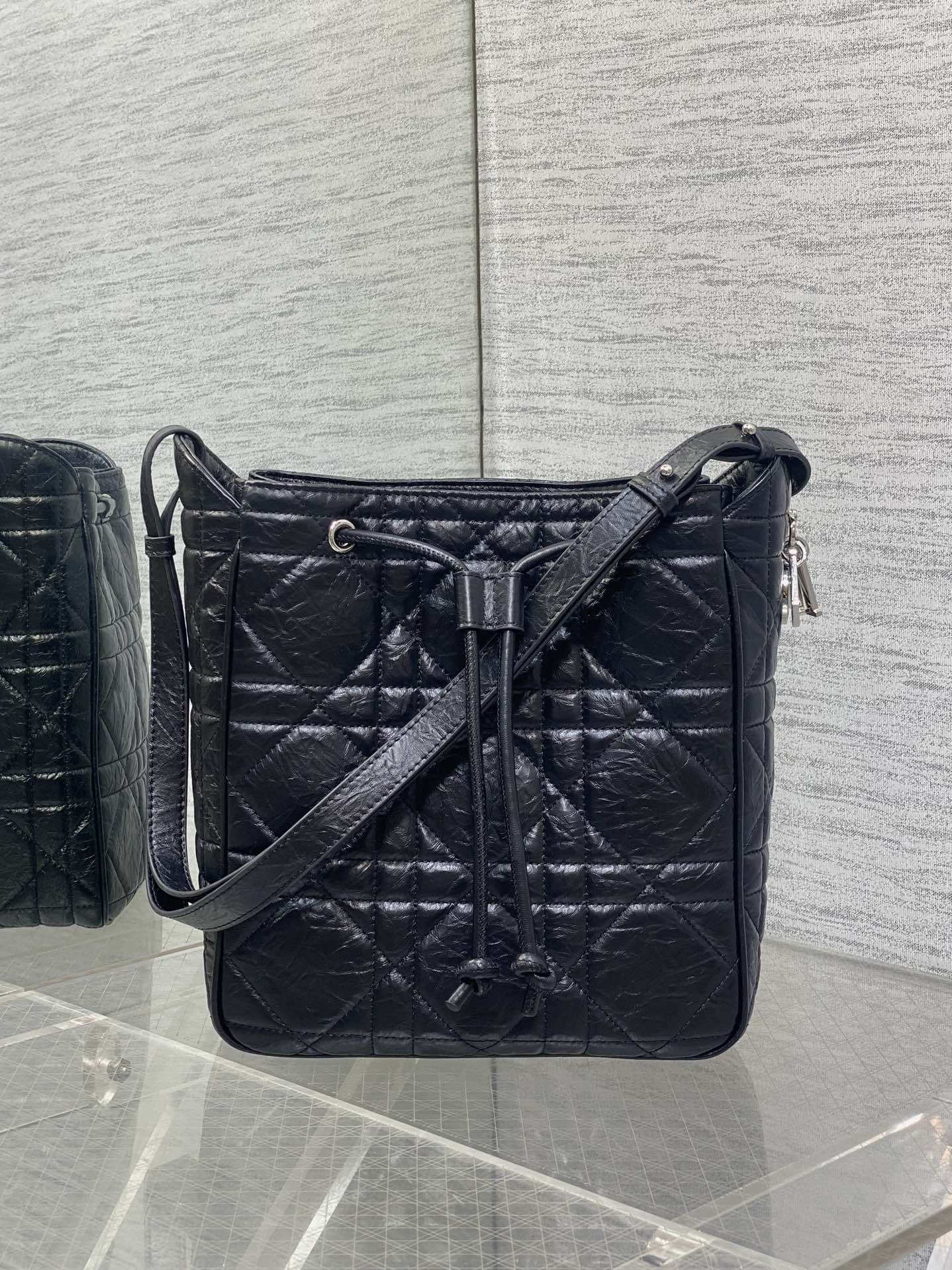 Dior Caro Motion Bucket Bag, Black Leather, Diamond Pattern, Shoulder Bag