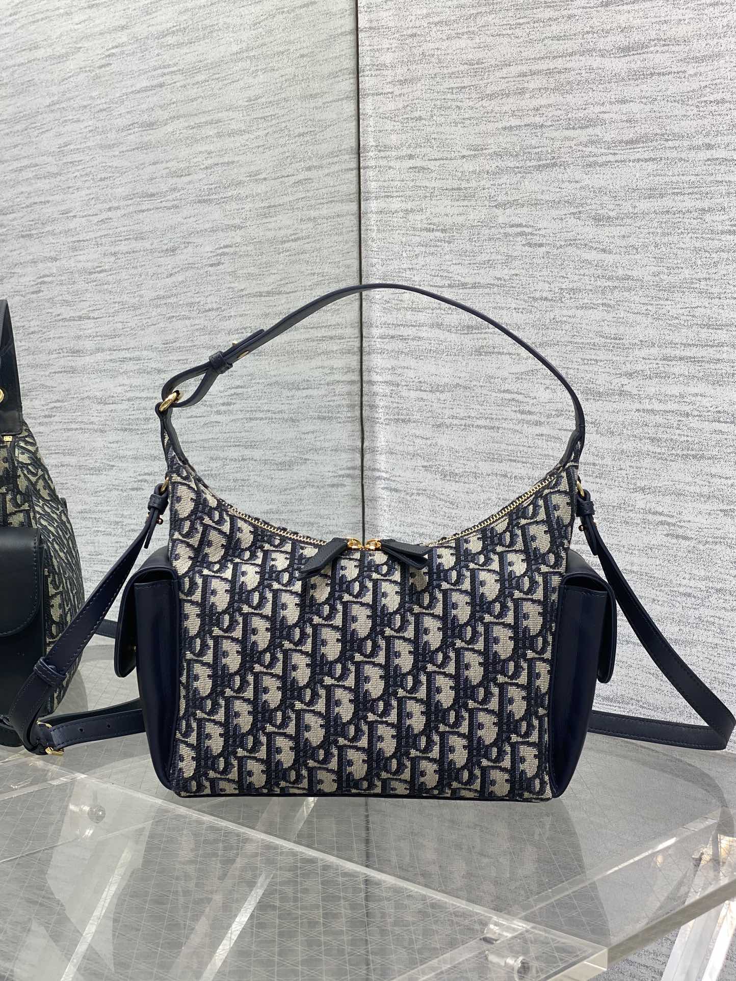 Dior D-Dream Oblique Jacquard Shoulder Bag, Blue Calfskin Details, 24 x 14 x 9 cm
