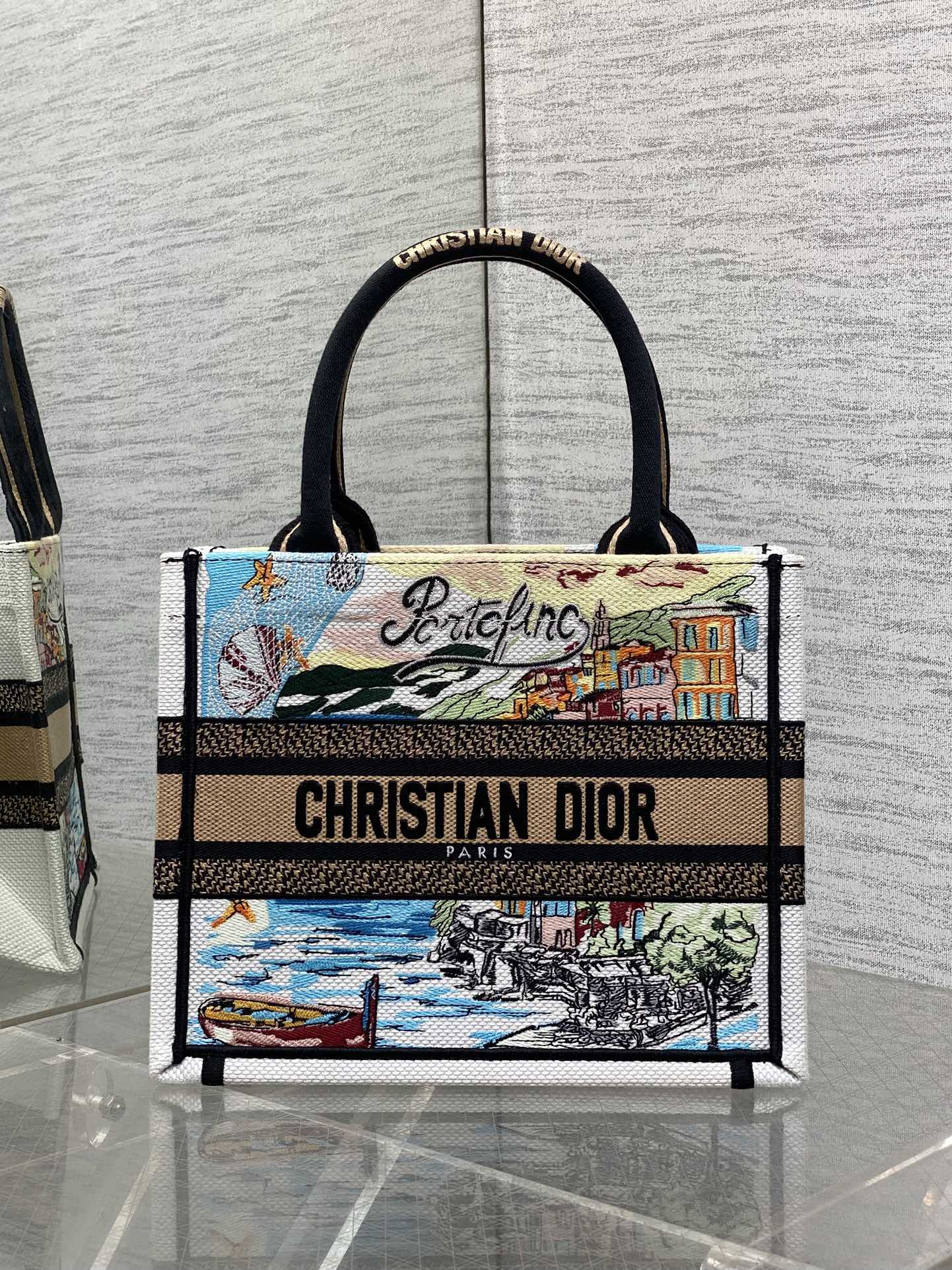 Christian Dior Small Embroidered Tote Handbag,Portofino Embroidery Book Tote Bag