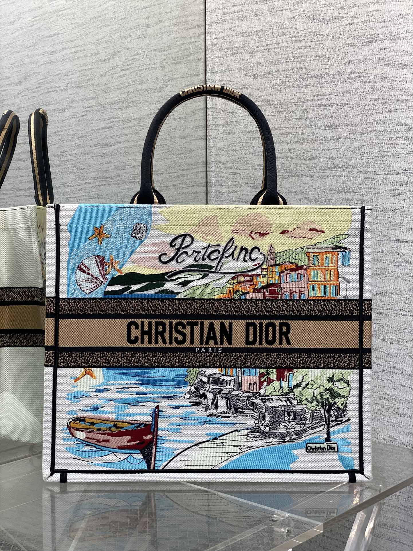 Christian Dior Portofino Souvenir Tote, Embroidered Canvas, Large Capacity Design