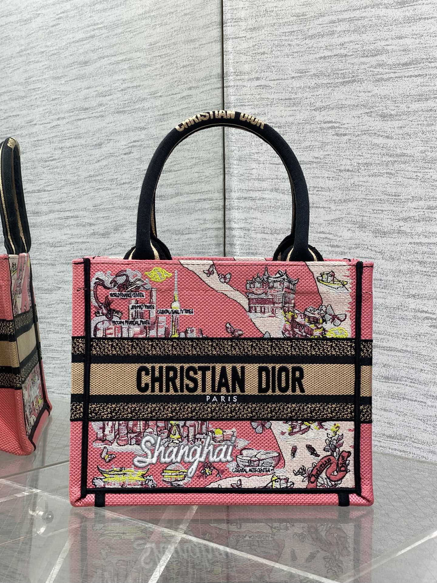 Christian Dior Small Pink Shanghai Embroidered Tote Bag, 26 x 8 x 22cm