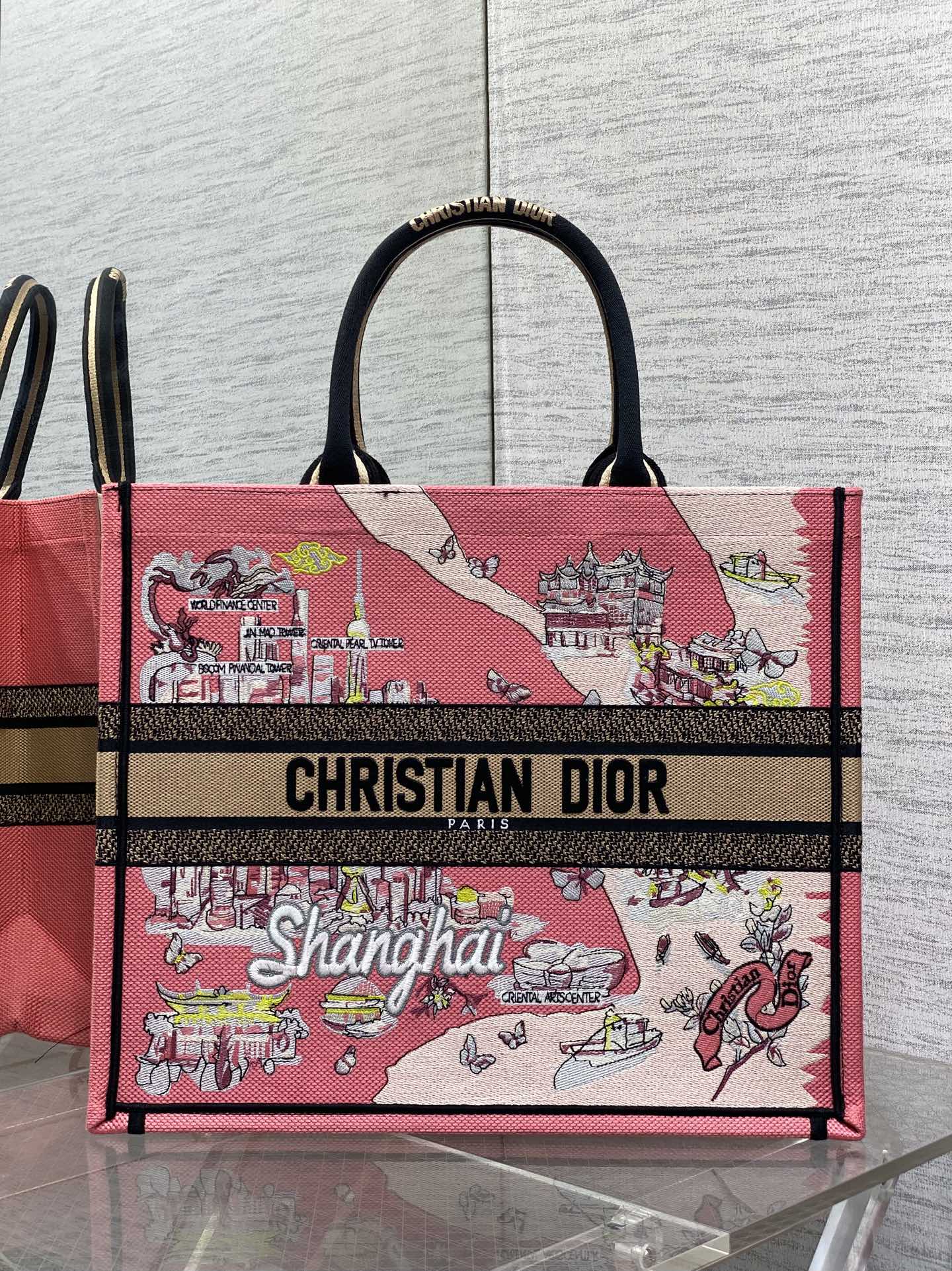 Christian Dior Shanghai Souvenir Pink Canvas Tote Bag Large Capacity
