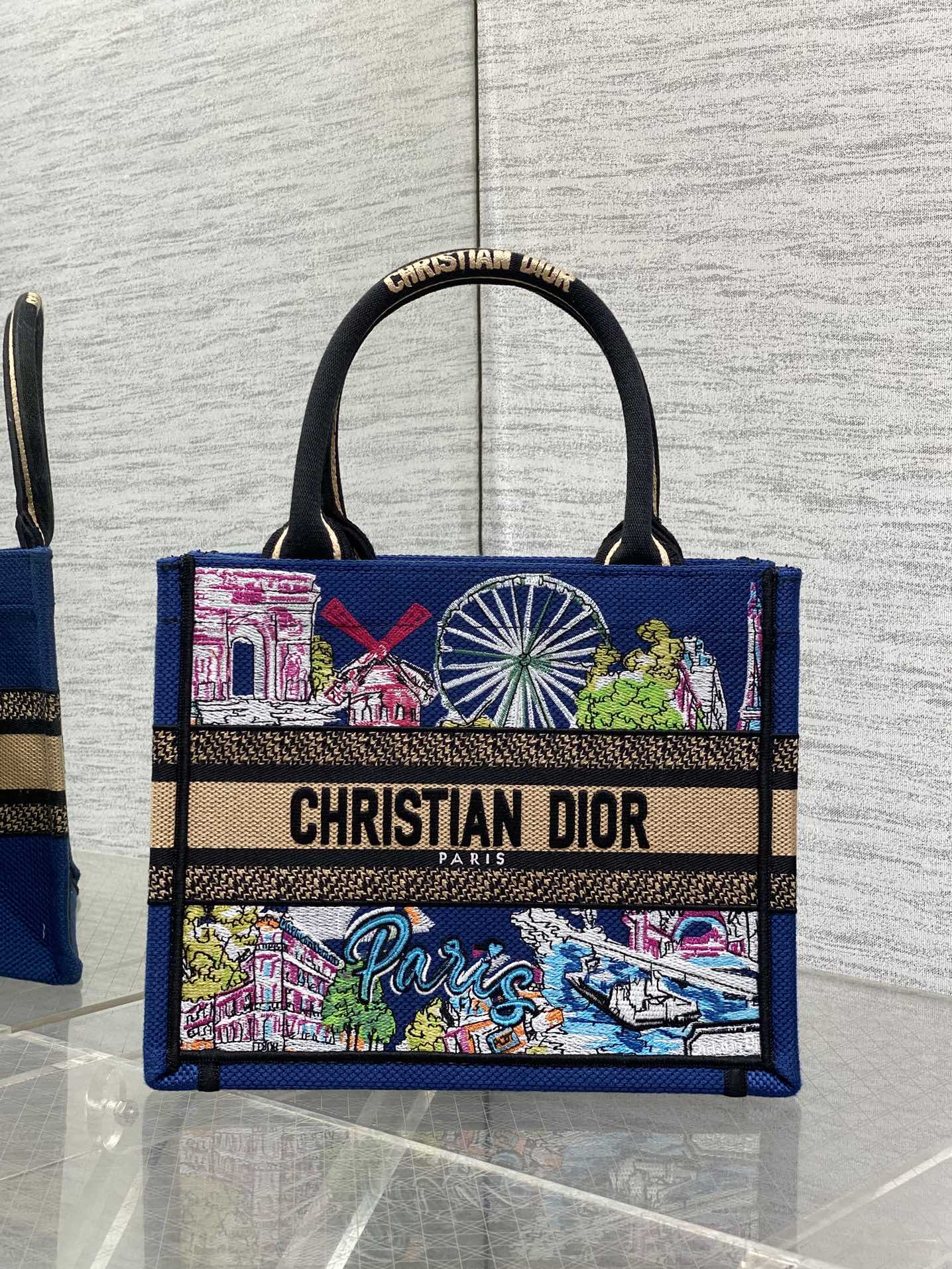 Christian Dior Paris Small Blue Embroidered Tote Bag, 26 x 8 x 22 cm