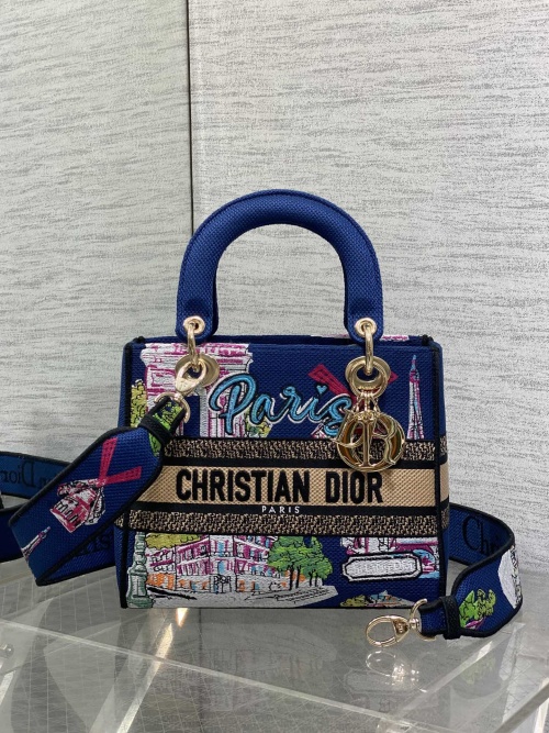 Christian Dior Lady D-Lite Bag Blue Multicolor Paris Embroidery, 24 x 20 cm 1 Christian Dior Lady D-Lite Bag Blue Multicolor Paris Embroidery, 24 x 20 cm