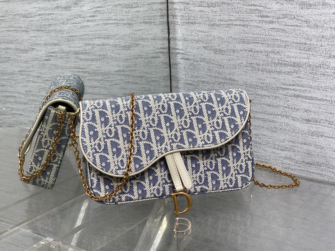 现货‼️马鞍链条手袋系列woc链条包，采用丹宁系列牛仔布oblique 老花面料精心制作📝，翻盖饰以标志