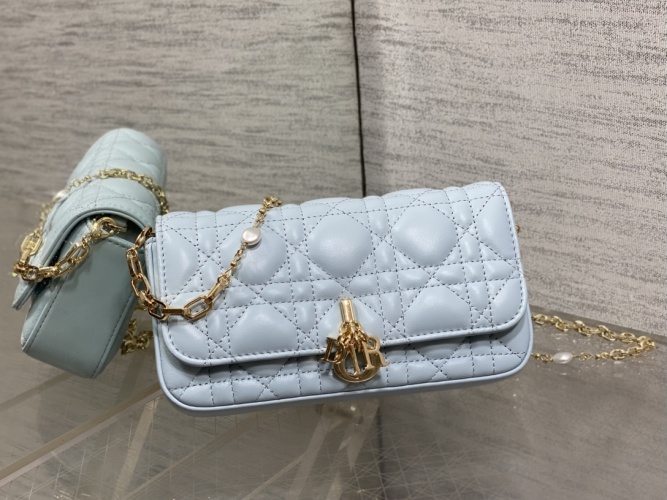 Elegant Dior Caro Bag, Ice Blue Lambskin with Pearl Chain, Compact Design 1 Elegant Dior Caro Bag, Ice Blue Lambskin with Pearl Chain, Compact Design
