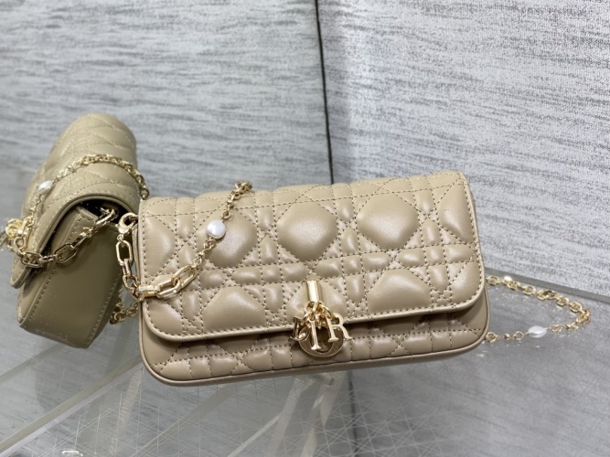 Dior Caro Bag with Pearl Chain, Latte Lambskin, Gold Hardware, 18.5 x 10 x 4 cm 1 Dior Caro Bag with Pearl Chain, Latte Lambskin, Gold Hardware, 18.5 x 10 x 4 cm