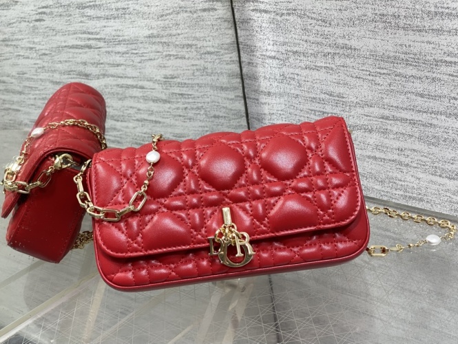 Dior Cherry Red Lambskin Pearl Chain Bag, 18.5*10*4cm 1 Dior Cherry Red Lambskin Pearl Chain Bag, 18.5*10*4cm