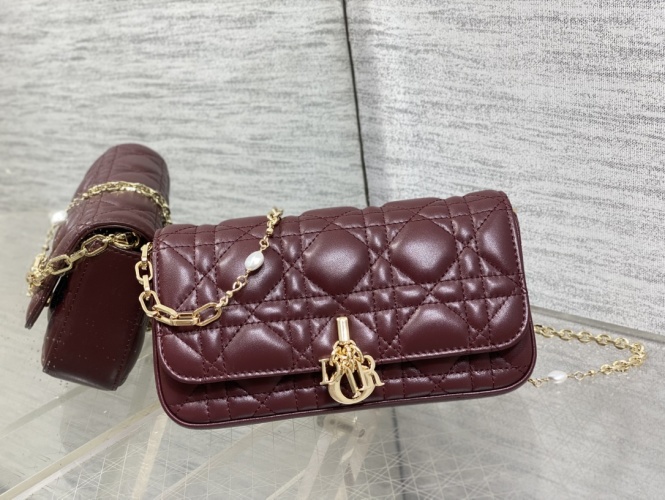 Dior Lambskin Pearl Chain Bag Wine Red with Letter Charm, 18.5*10*4cm 1 Dior Lambskin Pearl Chain Bag Wine Red with Letter Charm, 18.5*10*4cm