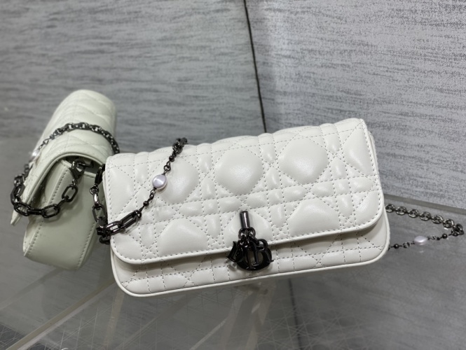 Dior White Lambskin Pearl Chain Bag with Cannage Stitching and Letter Charms 1 Dior White Lambskin Pearl Chain Bag with Cannage Stitching and Letter Charms
