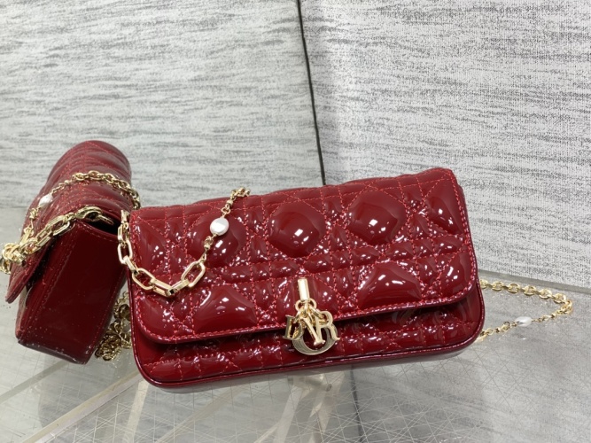 Dior Lady Dior Cherry Red Patent Leather Pearl Chain Wallet On Chain Bag 1 Dior Lady Dior Cherry Red Patent Leather Pearl Chain Wallet On Chain Bag
