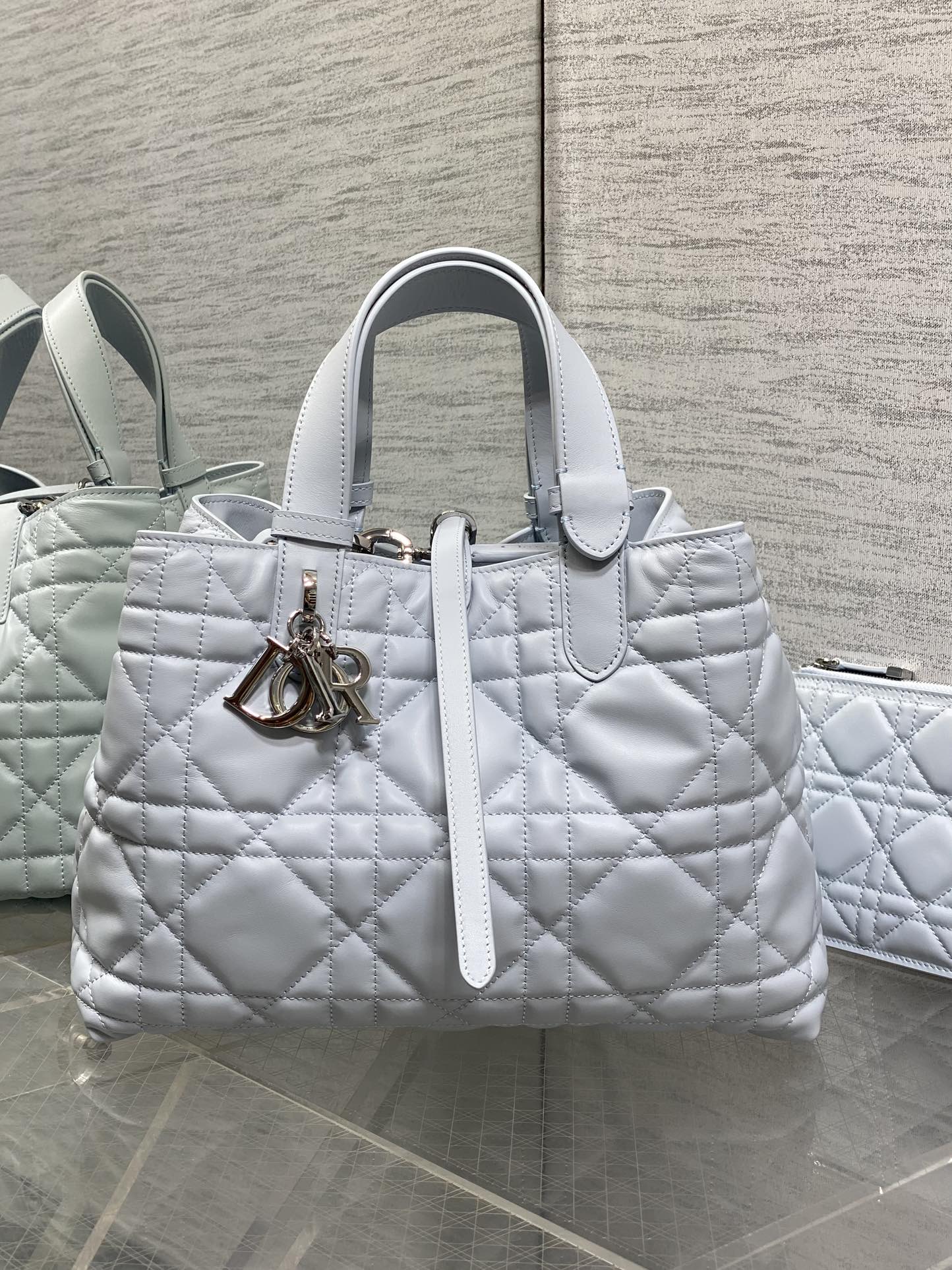 冰川蓝中号现货‼️全新升级版本内里牛皮，带着 Toujours 去旅行，超大菱格的设计，搭配经典的字母配