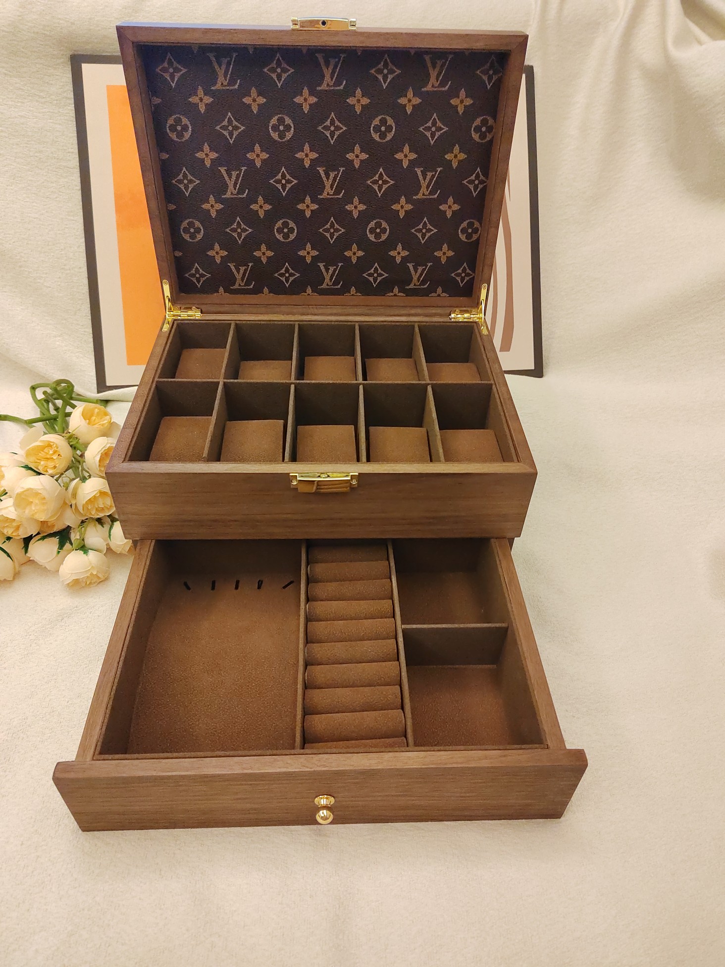 Two-Tier Solid Wood Watch and Jewelry Box (4+2 Configuration) - Comprehensive 6