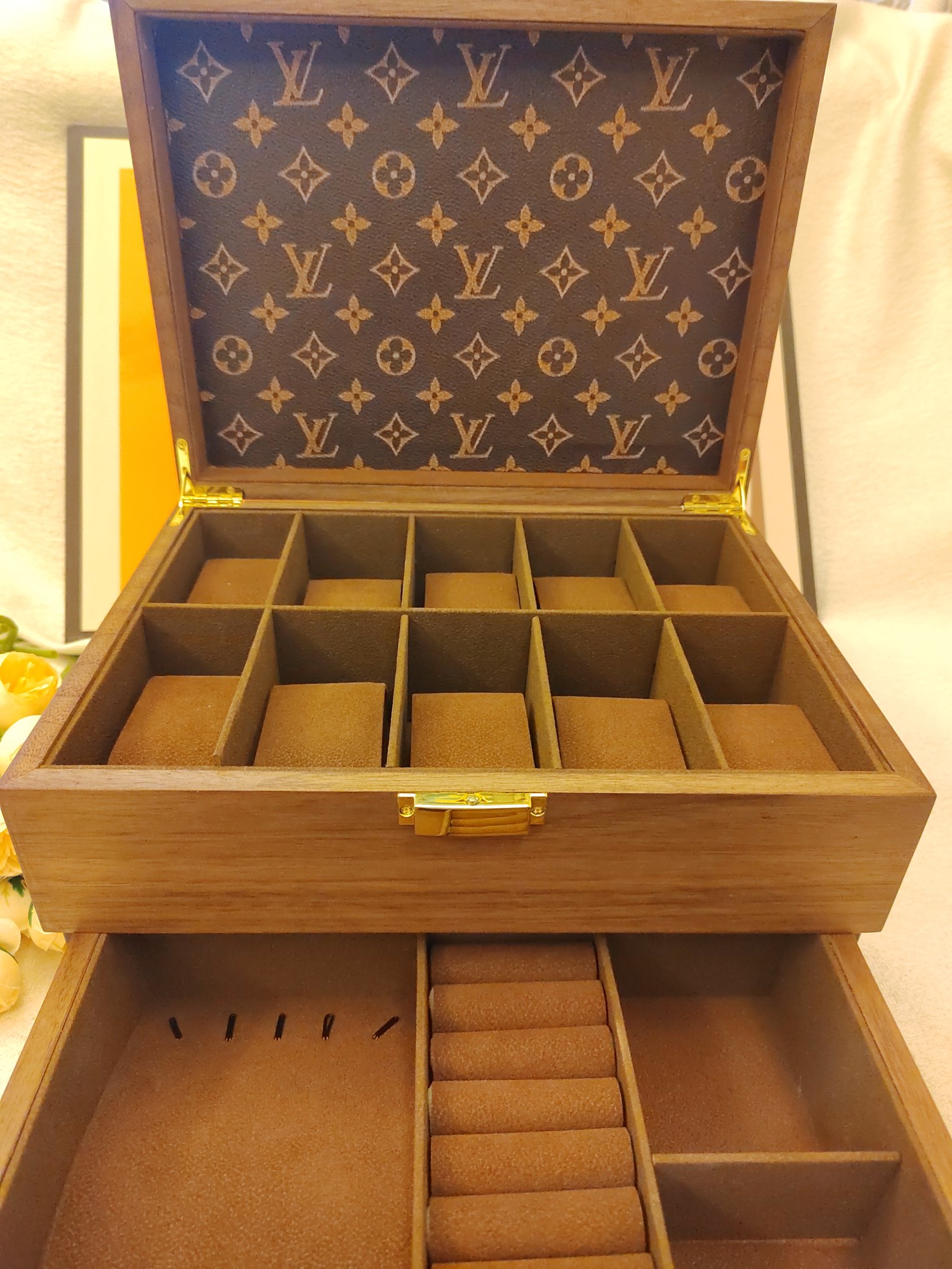 Two-Tier Solid Wood Watch and Jewelry Box (4+2 Configuration) - Comprehensive 5