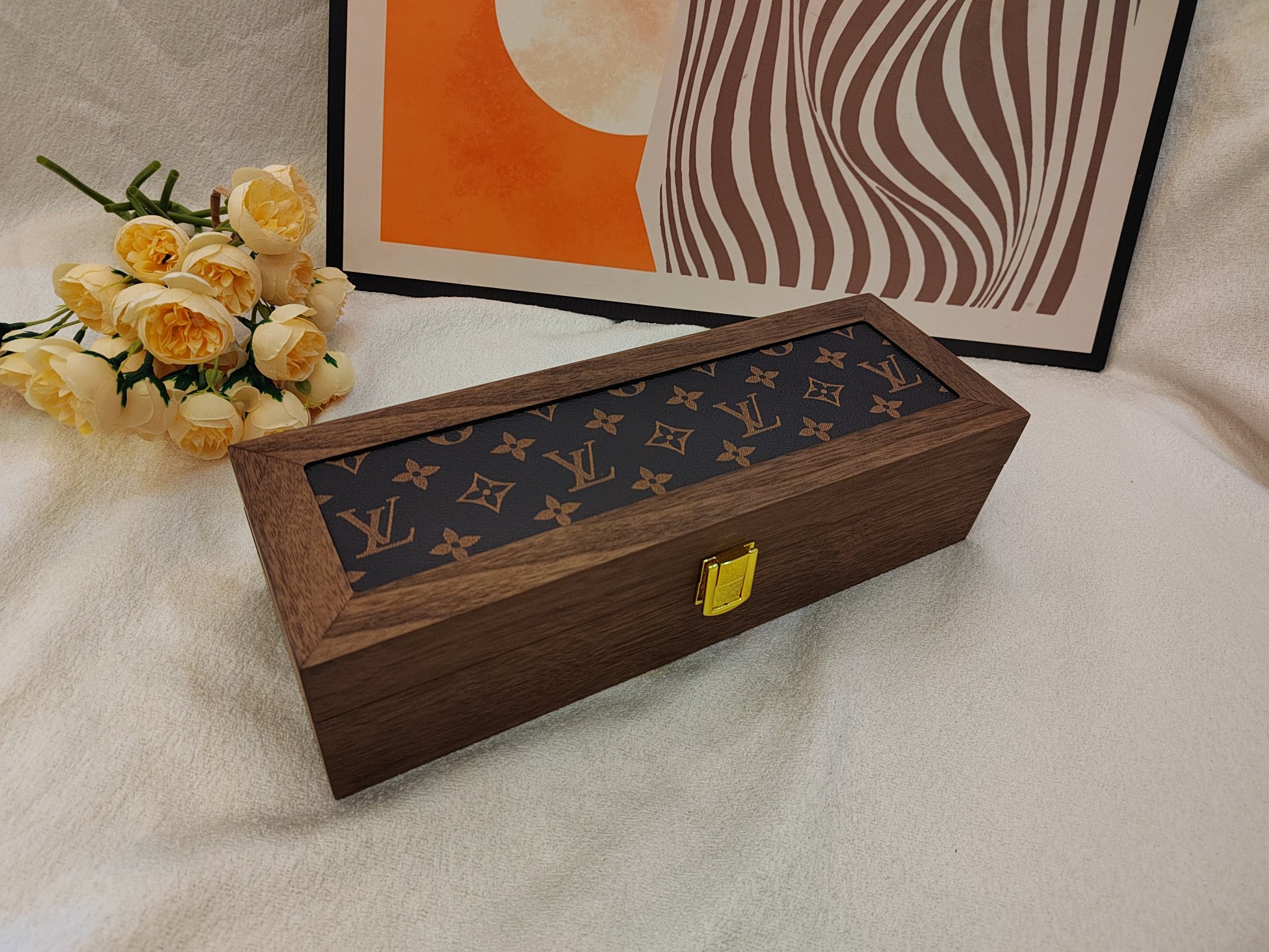 Walnut 6-Compartment Case: 4 Watch Slots + 2 Ring Rows - Comprehensive 6