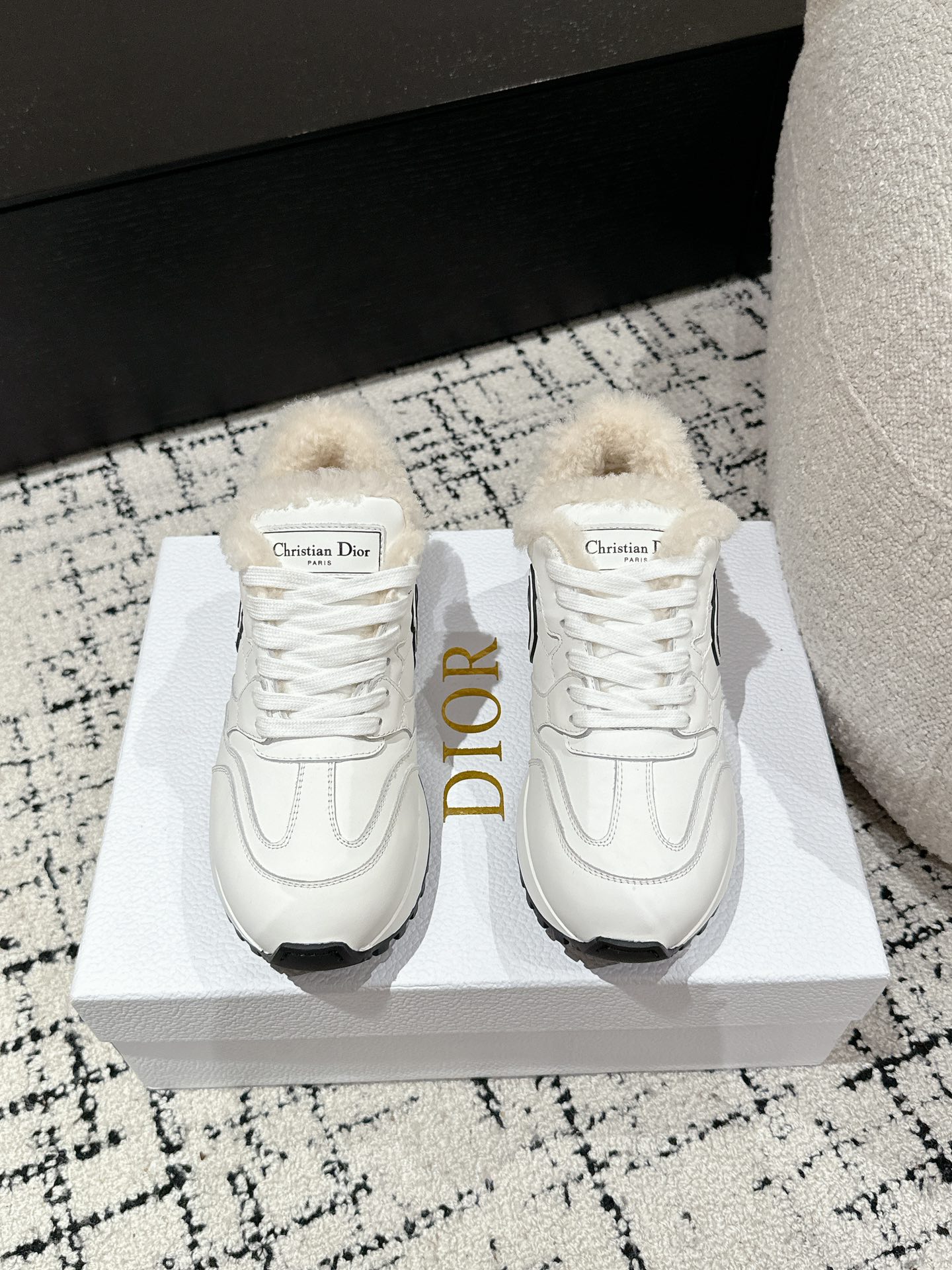 Dior Zapatos Zapatillas deportivas Negro Blanco Universal para hombres y mujeres Cuero de vaca Caucho Lana Fashion Casual