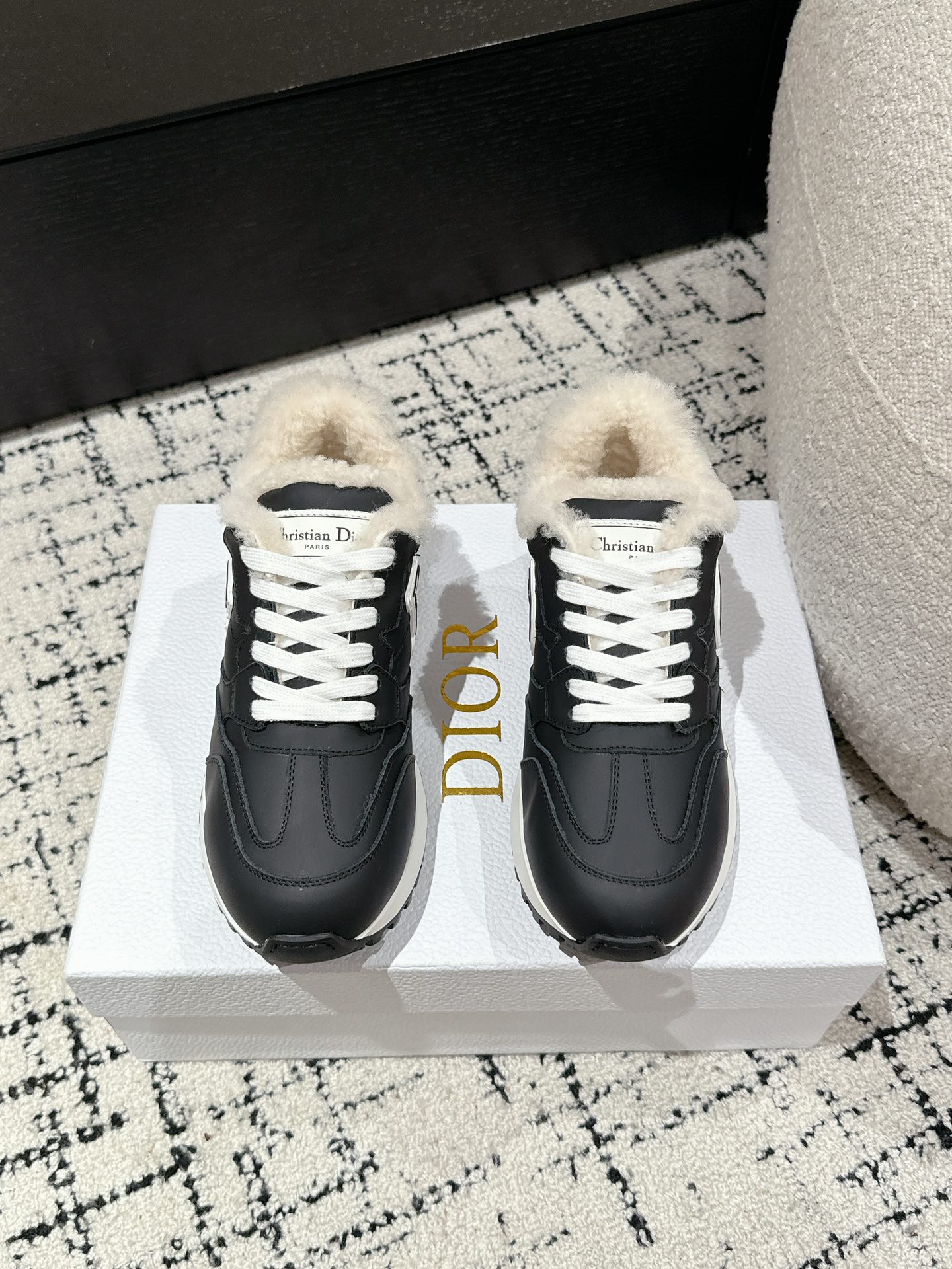 Dior Zapatos Zapatillas deportivas La más alta calificación
 Negro Blanco Universal para hombres y mujeres Cuero de vaca Caucho Lana Fashion Casual