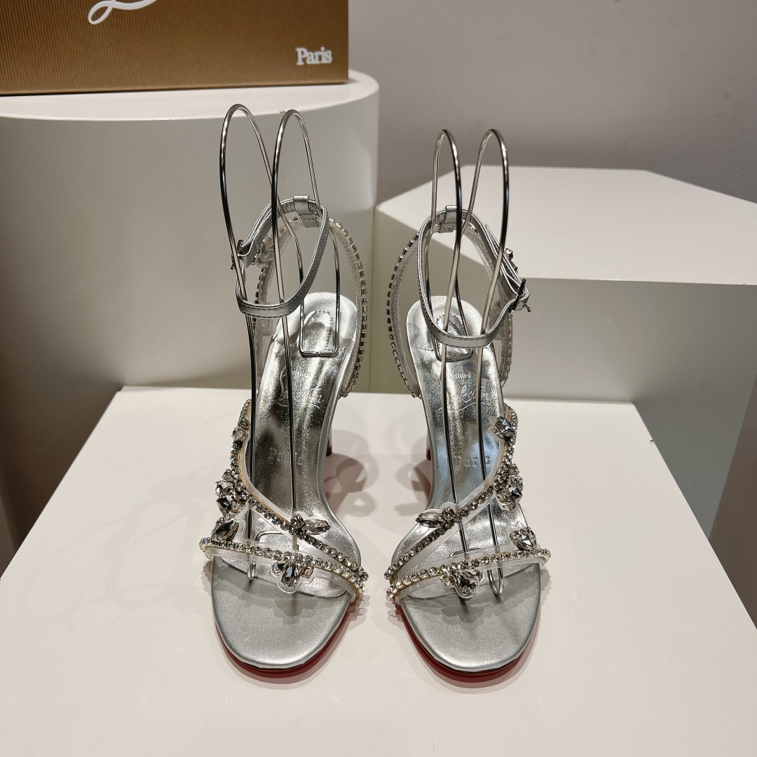 Christian Louboutin Shoes High Heel Pumps Mules Sandals Red Silver Set With Diamonds Women Genuine Leather PVC Sheepskin Spring Collection