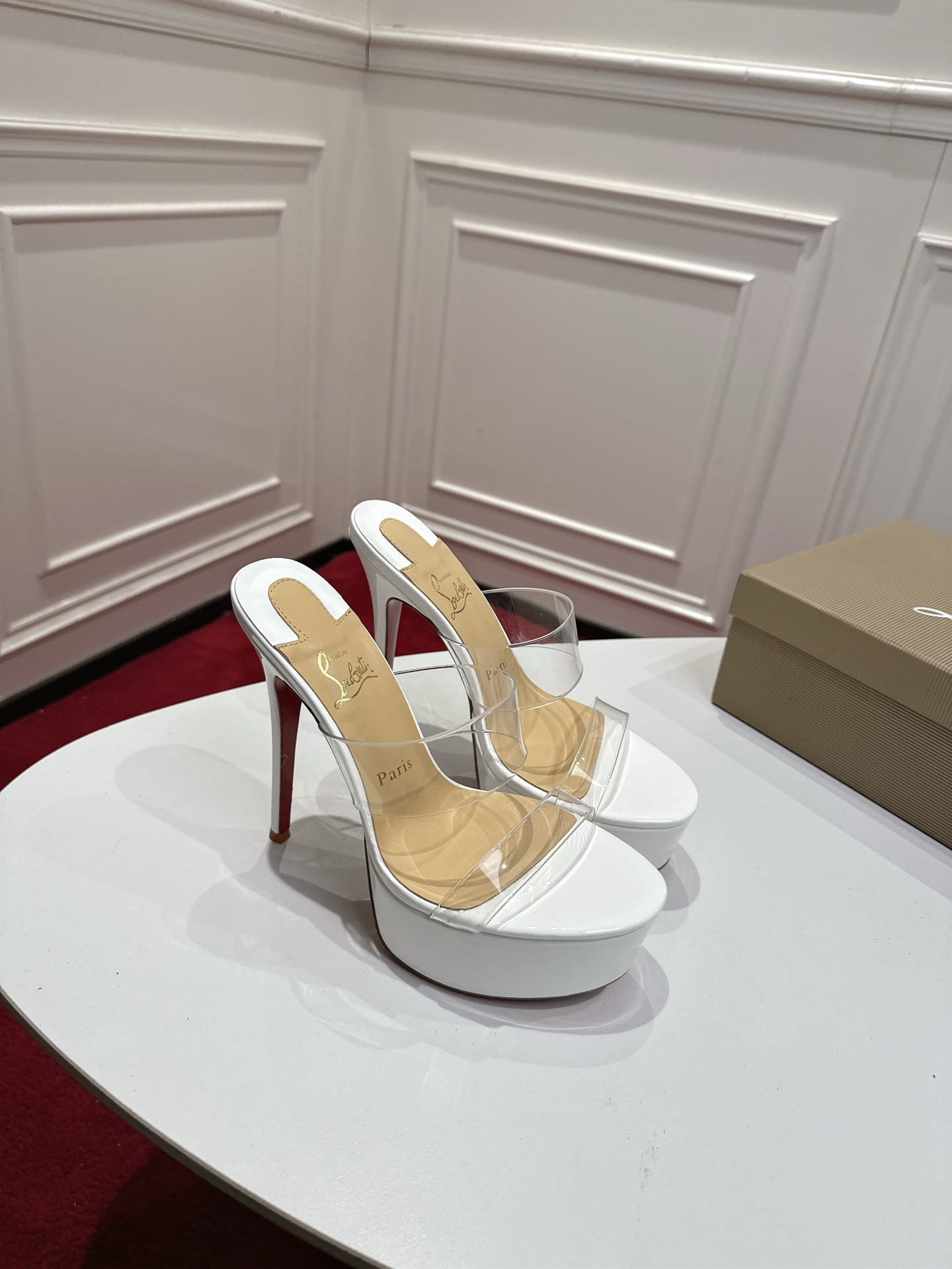 NO:901883,Top version original box Christian Louboutin | 2026s original heavy-duty CL two-strap film high-heeled slippers ~ Material original imported film Grained pearlescent sheepskin lining Outsole Original imported AR1 top genuine leather outsole Size 34-43 '34.40.41.42.43 Customized and non-refundable' Color: Five colors Heel height 16cm, high-heeled slippers, christian louboutin, high  heels,slippers,sheepskin,Leather soles19860909顶级版 原版盒 Christian Louboutin | 2026s原版做货重工CL两带水台胶片高跟拖鞋～ 材质原版进口胶片 内里粒面珠光羊皮里 大底原版进口AR1顶级真皮大底 Size34-43「34.40.41.42.43订做不退换」 Color: 五个配色 跟高16cm,高跟鞋拖鞋,christian louboutin,high heels,slippers,sheepskin,Leather soles,Women's Shoes