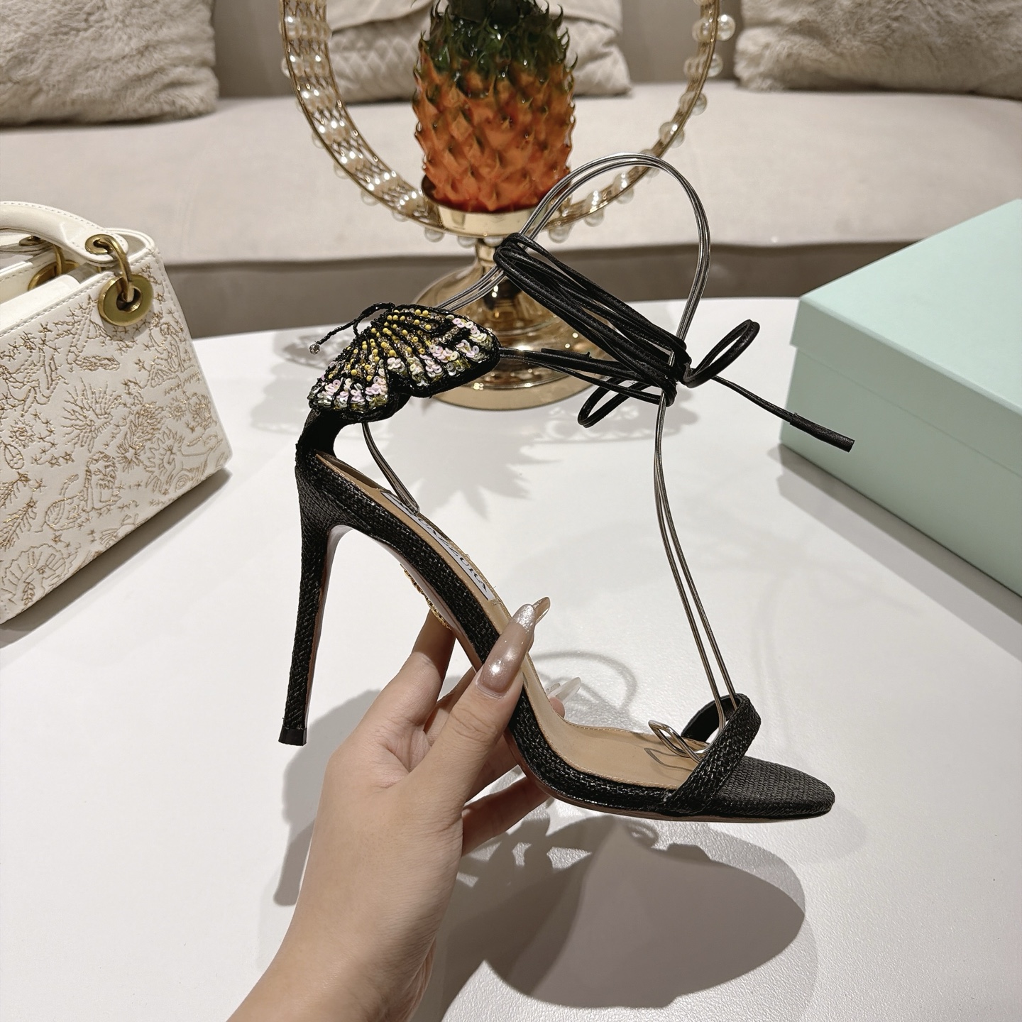Aquazzura Crystal Butterfly Ankle Tie Heel Sandals
