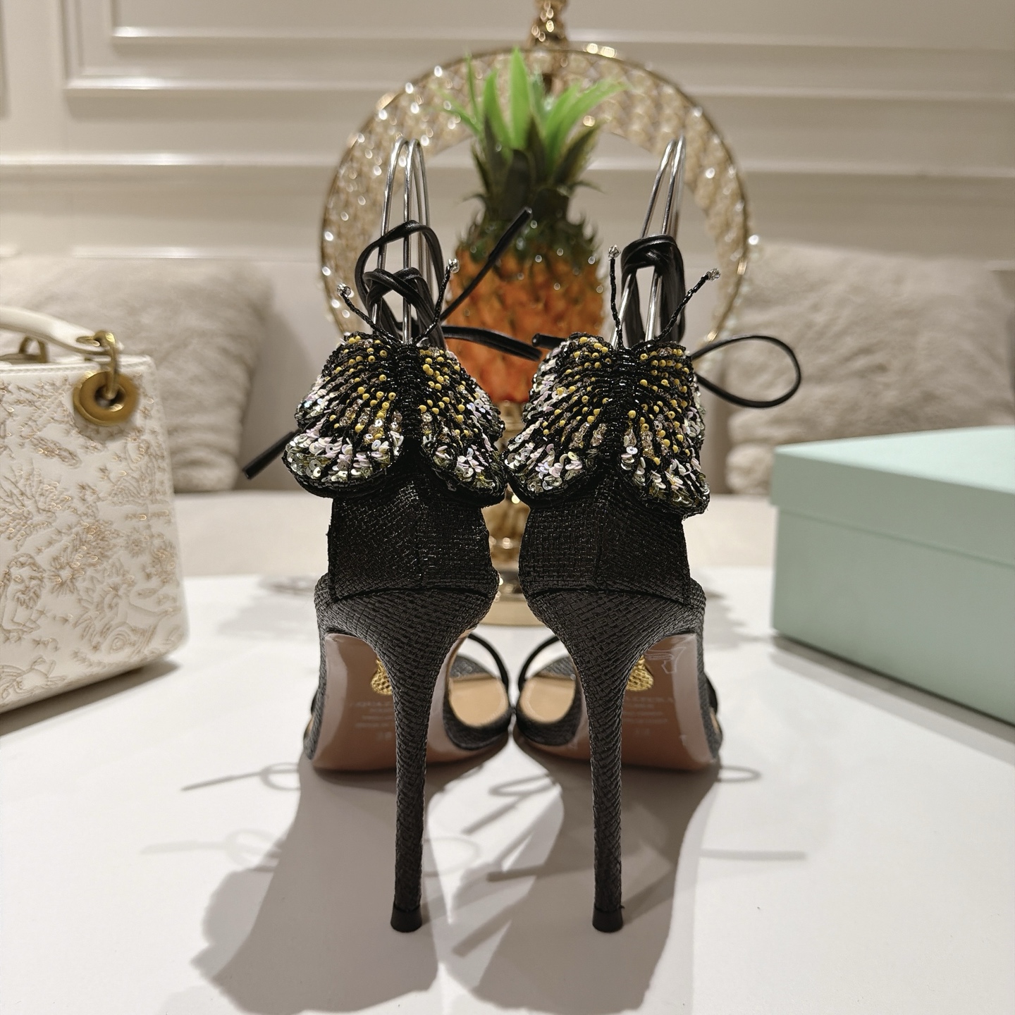 Aquazzura Crystal Butterfly Ankle Tie Heel Sandals