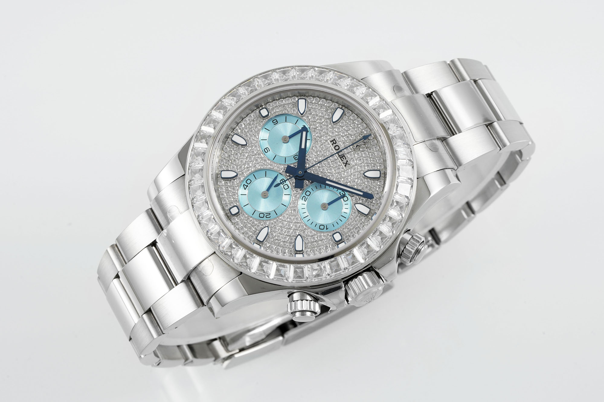 NO:765300,M-Rolex ROLEX LB2 Daytona hidden series new model Rolex Daytona 'ice blue full of diamonds' equipped with moissanite bezel and double-cut face S1 exquisite recommended men's multi-functional mechanical watch, rolex19860909M-劳力士 ROLEX LB2 迪通拿隐藏系列新款 劳力士 迪通拿“冰蓝满钻”配置莫桑钻圈口 双层切割字面 S1精致推荐男士多功能机械腕表,,rolex,Watch