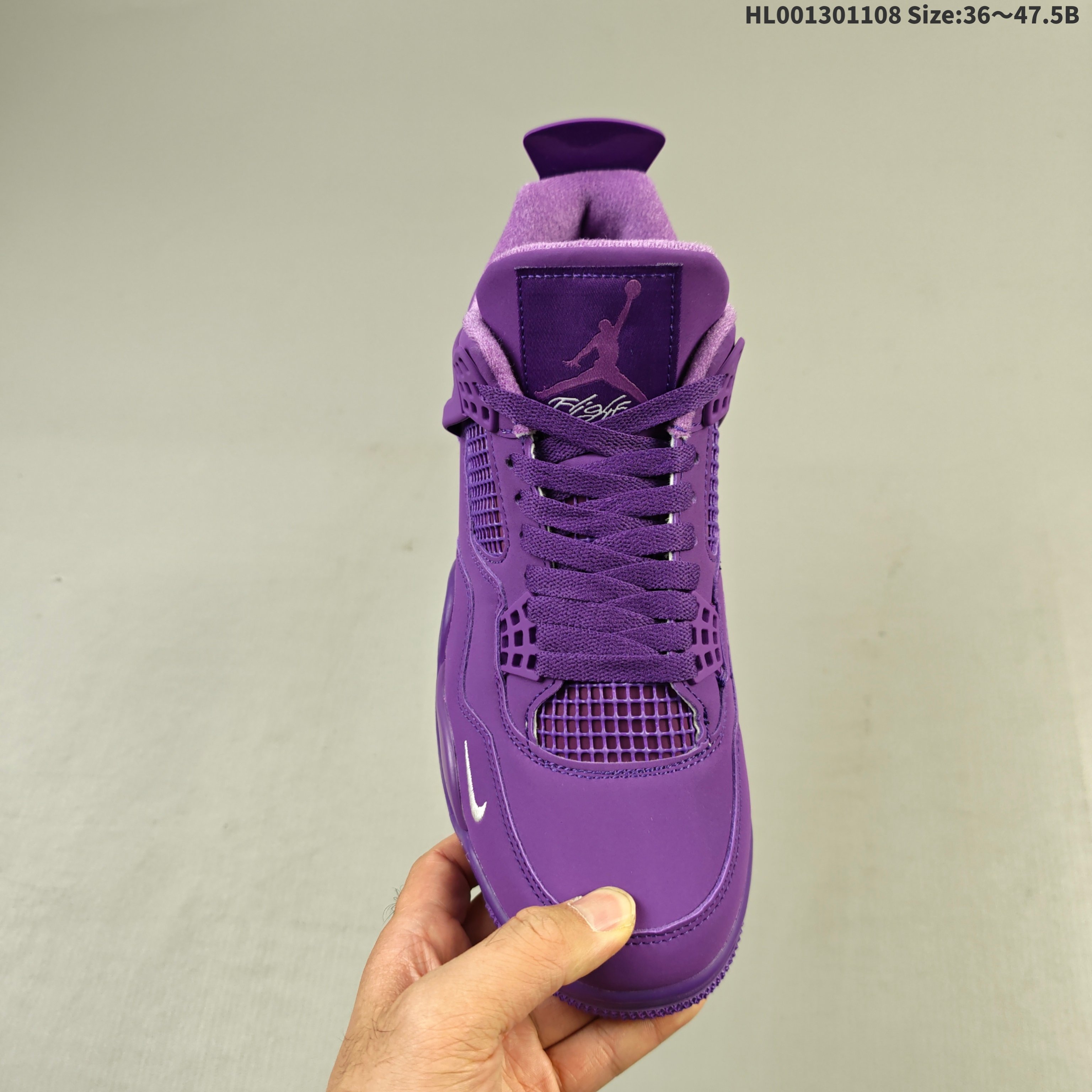 💰130   
真标带半码
Nigel Sylvester x Air Jordan 4 OG "Brick By Brick" BIKE 紫砖 AJ4 乔丹4代 aj4 乔4 紫砖 乔丹篮球鞋系列 该配色以紫砖为主题，鞋面采用优质绒面革，挡泥板处采用皮革制成，层次分明；鞋侧身紫色网格透出3M反光内层，鞋舌顶端紫色的标签，以紫色Jumpman Logo以及白色Flight刺绣字样，彰显球鞋身份。鞋带孔、鞋帮三脚架及后跟位置的提环使用紫色TPU材质呈现，给鞋身带来更多色彩层次感。鞋头侧处迷你Swoosh Logo采用白色刺绣呈现，后跟位置原本的"Nike Air"标志则被改为了"Bike Air"致敬Nigel Sylvester对BMX的热爱，联名身份直接拉满；中底使用紫色妆点，呼应鞋身设计，最后以搭载有开窗式Air Maxd气垫的中底及紫白外底上的紫色Nike Swoosh Logo进行收尾。
货号：HF4340-803
尺码：36 36.5 37.5 38 38.5 39 40 40.5 41 42 42.5 43 44 44.5 45 46 47.5HL001301108 Size:36～47.5B