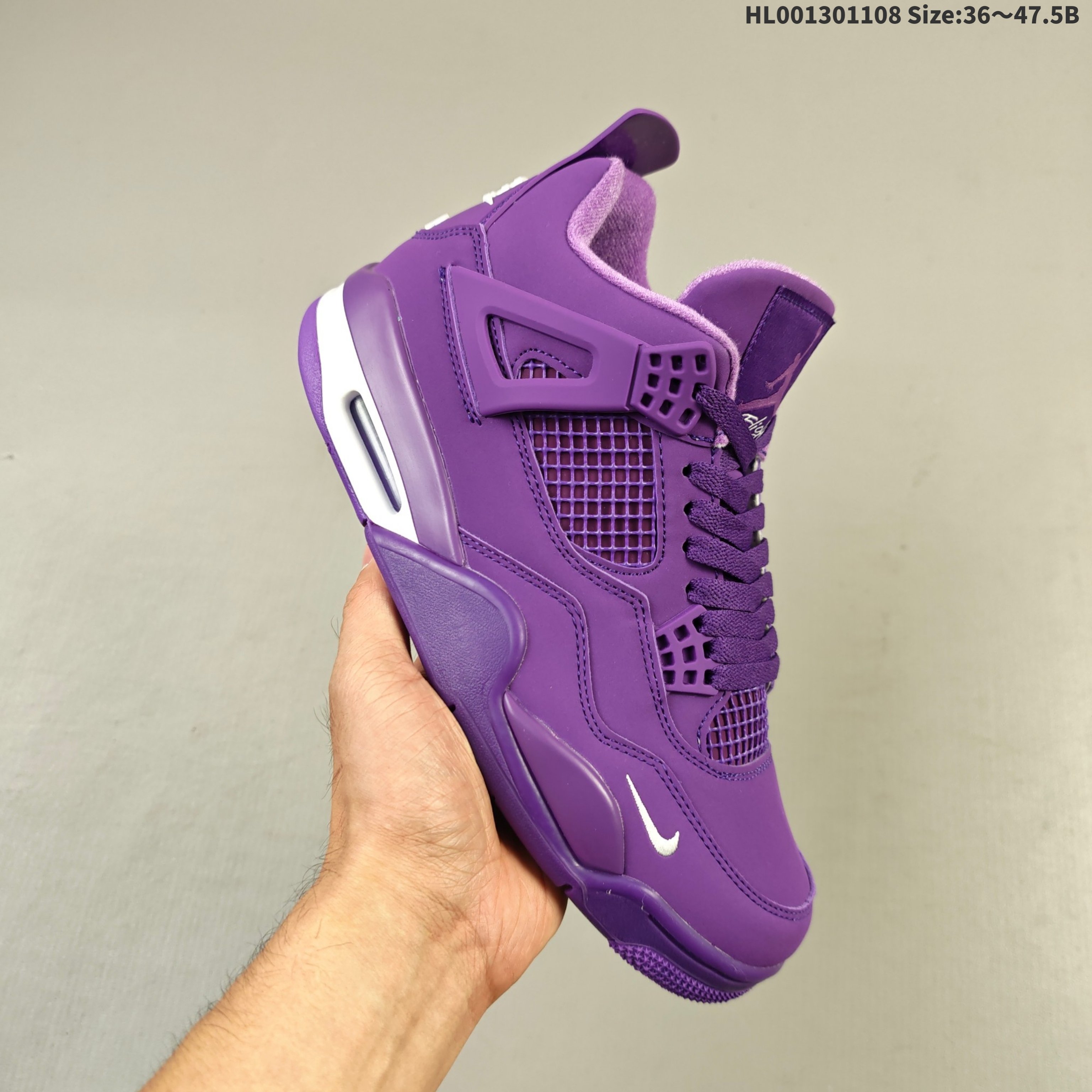 💰130   
真标带半码
Nigel Sylvester x Air Jordan 4 OG "Brick By Brick" BIKE 紫砖 AJ4 乔丹4代 aj4 乔4 紫砖 乔丹篮球鞋系列 该配色以紫砖为主题，鞋面采用优质绒面革，挡泥板处采用皮革制成，层次分明；鞋侧身紫色网格透出3M反光内层，鞋舌顶端紫色的标签，以紫色Jumpman Logo以及白色Flight刺绣字样，彰显球鞋身份。鞋带孔、鞋帮三脚架及后跟位置的提环使用紫色TPU材质呈现，给鞋身带来更多色彩层次感。鞋头侧处迷你Swoosh Logo采用白色刺绣呈现，后跟位置原本的"Nike Air"标志则被改为了"Bike Air"致敬Nigel Sylvester对BMX的热爱，联名身份直接拉满；中底使用紫色妆点，呼应鞋身设计，最后以搭载有开窗式Air Maxd气垫的中底及紫白外底上的紫色Nike Swoosh Logo进行收尾。
货号：HF4340-803
尺码：36 36.5 37.5 38 38.5 39 40 40.5 41 42 42.5 43 44 44.5 45 46 47.5HL001301108 Size:36～47.5B