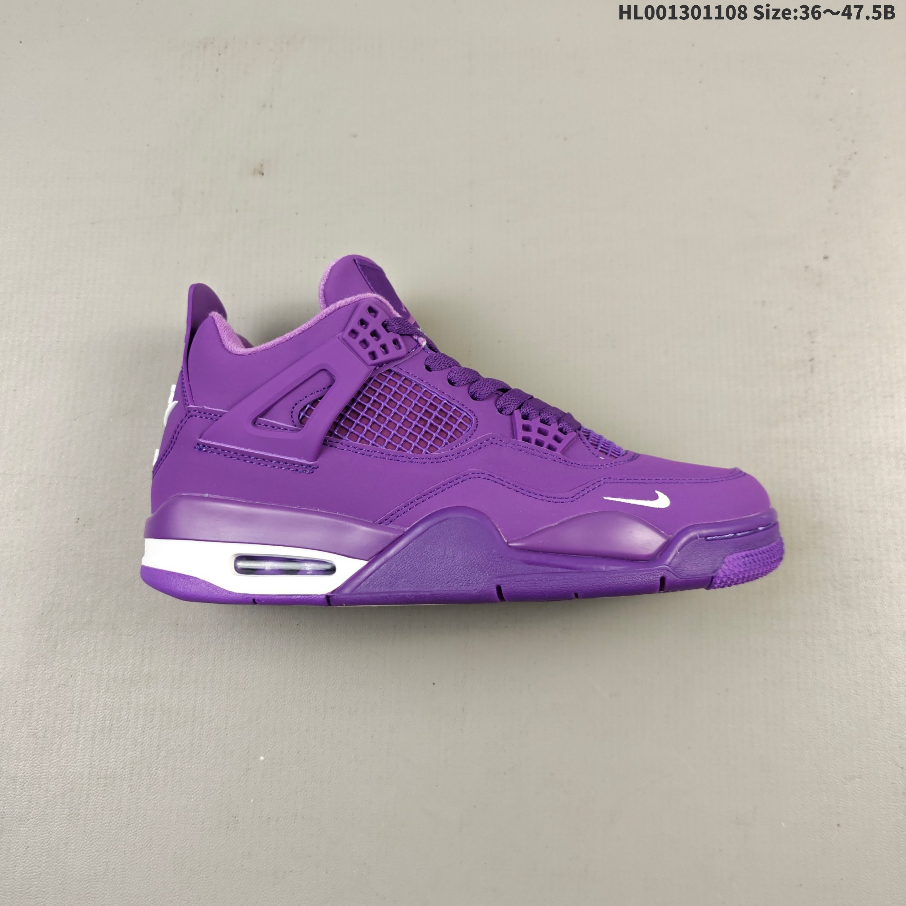 💰130   
真标带半码
Nigel Sylvester x Air Jordan 4 OG "Brick By Brick" BIKE 紫砖 AJ4 乔丹4代 aj4 乔4 紫砖 乔丹篮球鞋系列 该配色以紫砖为主题，鞋面采用优质绒面革，挡泥板处采用皮革制成，层次分明；鞋侧身紫色网格透出3M反光内层，鞋舌顶端紫色的标签，以紫色Jumpman Logo以及白色Flight刺绣字样，彰显球鞋身份。鞋带孔、鞋帮三脚架及后跟位置的提环使用紫色TPU材质呈现，给鞋身带来更多色彩层次感。鞋头侧处迷你Swoosh Logo采用白色刺绣呈现，后跟位置原本的"Nike Air"标志则被改为了"Bike Air"致敬Nigel Sylvester对BMX的热爱，联名身份直接拉满；中底使用紫色妆点，呼应鞋身设计，最后以搭载有开窗式Air Maxd气垫的中底及紫白外底上的紫色Nike Swoosh Logo进行收尾。
货号：HF4340-803
尺码：36 36.5 37.5 38 38.5 39 40 40.5 41 42 42.5 43 44 44.5 45 46 47.5HL001301108 Size:36～47.5B
