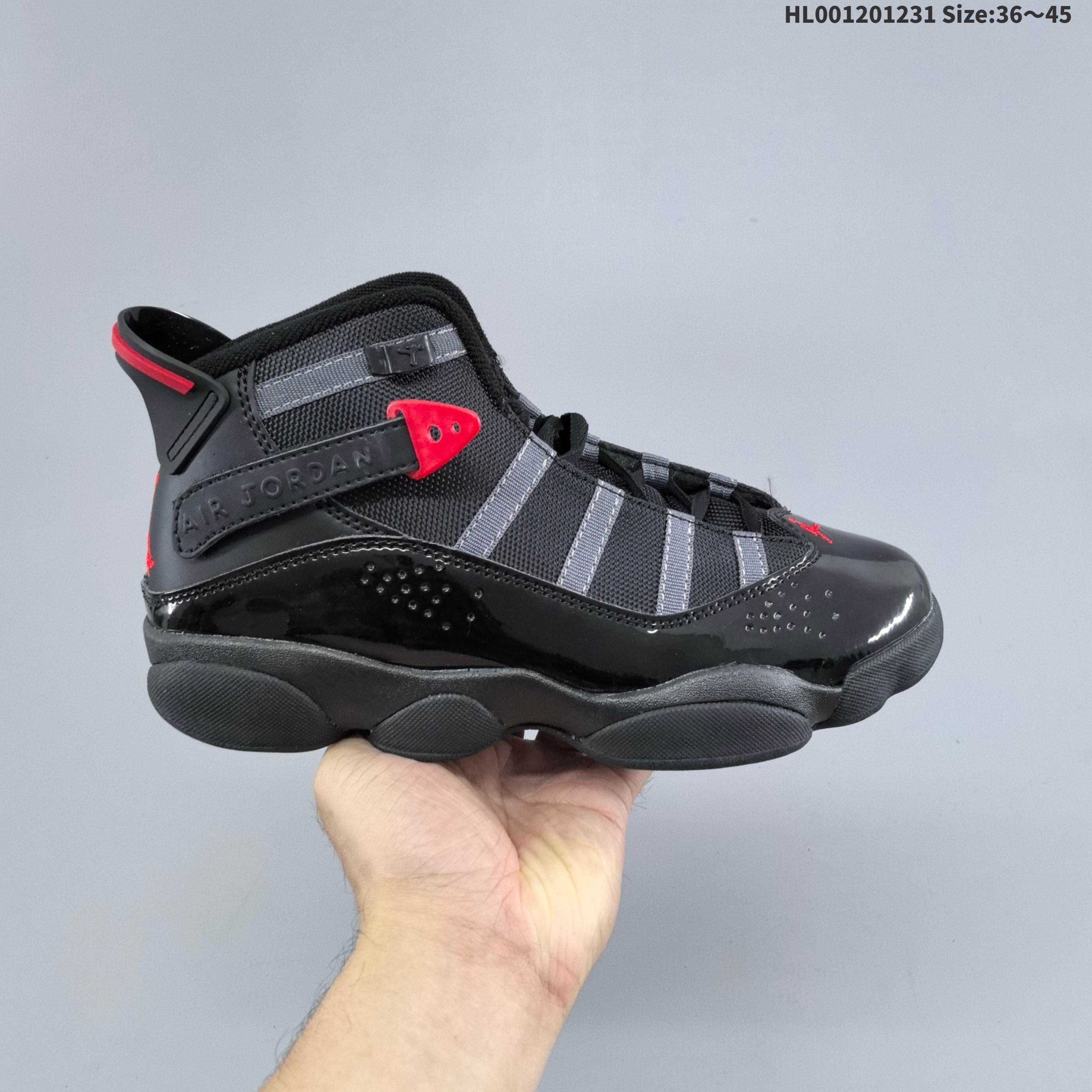 Air Jordan 6 Rings 高帮 六冠王 黑灰红 AJ6 乔丹6代 aj6 高邦 黑灰红 乔丹篮球鞋系列 以两次三连冠时期乔丹所上脚鞋款的特点集合而成,其中鞋带上的圆柱扣,鞋子后部的黑红提手,来源于AJ6;黑色漆皮材质上的透气孔布局安排,来源于AJ7;鞋舌上的黑色毛巾材质Jumpman Logo以红色刺绣呈现,固定十字绑带的魔术帖部分设计,源自AJ8;鞋面黑色织物的布局和黑色漆皮的搭配,源自经典的AJ11;鞋舌上的黑色刺绣TWO 3,还有最后一排鞋带扣上的迷你Jumpman Logo,来源于AJ12;黑色中底和外底TPU,来源于AJ13;鞋面迷你Jumpman Logo及外底Jumpman Logo采用红色刺绣呈现,后跟Jumpman Logo则以红色点缀,鞋舌底部左边印着91 92 93,右边印着96 97 98,对应了乔丹带领公牛拿下的六次总冠军年份. 男货号:322992-026(2025.01.31发售) 女货号:323419-026 HL001201231